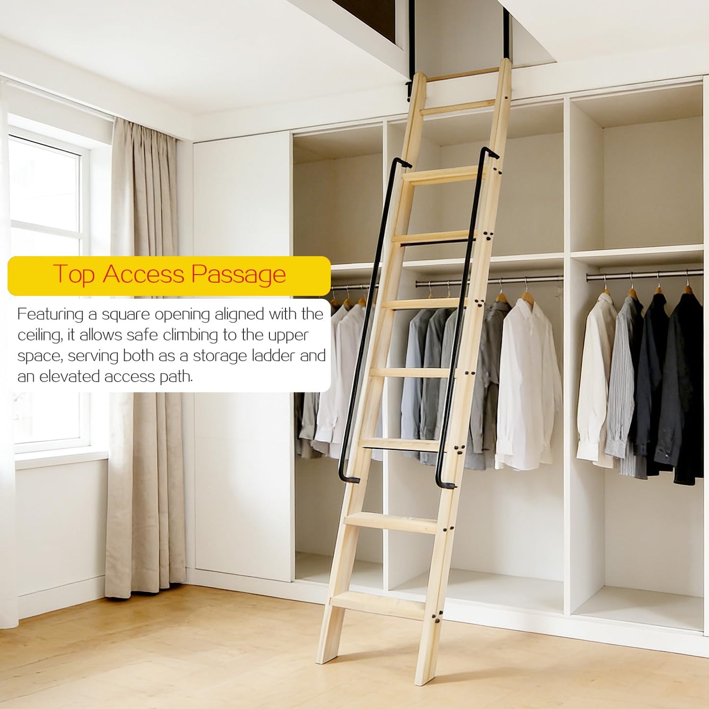 104RDHOUSE 87in Attic Rolling Library Ladder, 7 Step Wooden Ladder with,Ladder Bookshelf,Wall Stairs Red Oak Stair Platform Bunkbed Ladder,for Home Kitchen,Warehouses,Bookstore,DIY Stain
