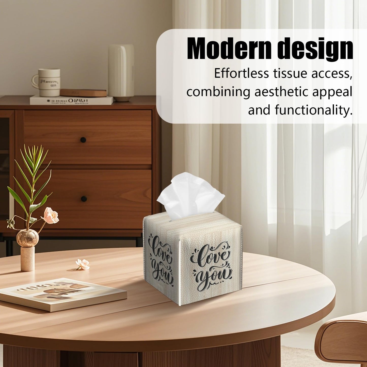2 Pack Love You Tissue Box Cover Square Wooden Board Texture PU Leather Tissue Box Holder Waterproof Facial Paper Organizer Dispenser for Bathroom Kitchen Home Office Car