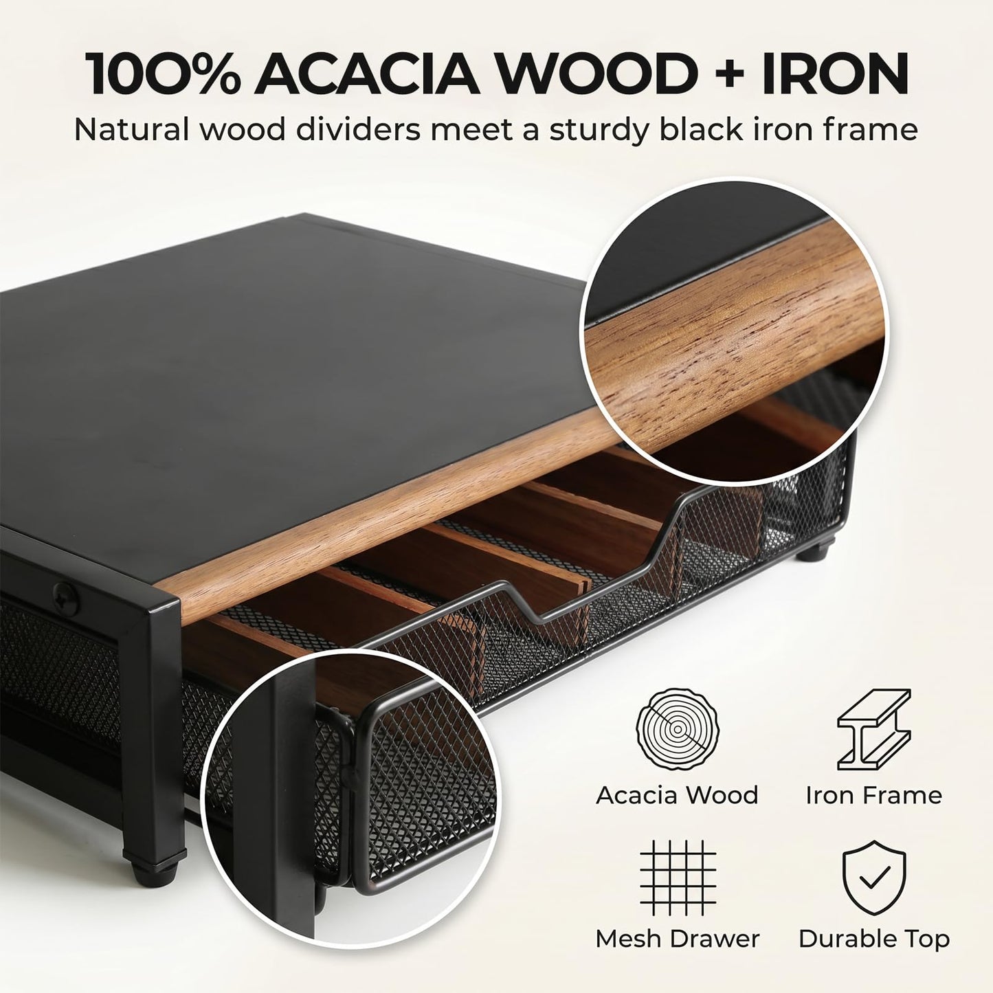 WILDMOS Coffee Pod Drawer,Coffee Station Organizer for Coffee Pod Storage,Movable Solid Wood Partition Board, Counter Coffee Bar Accessories for Nespresso Pods,Cream, Spoon, Sugar（Black)