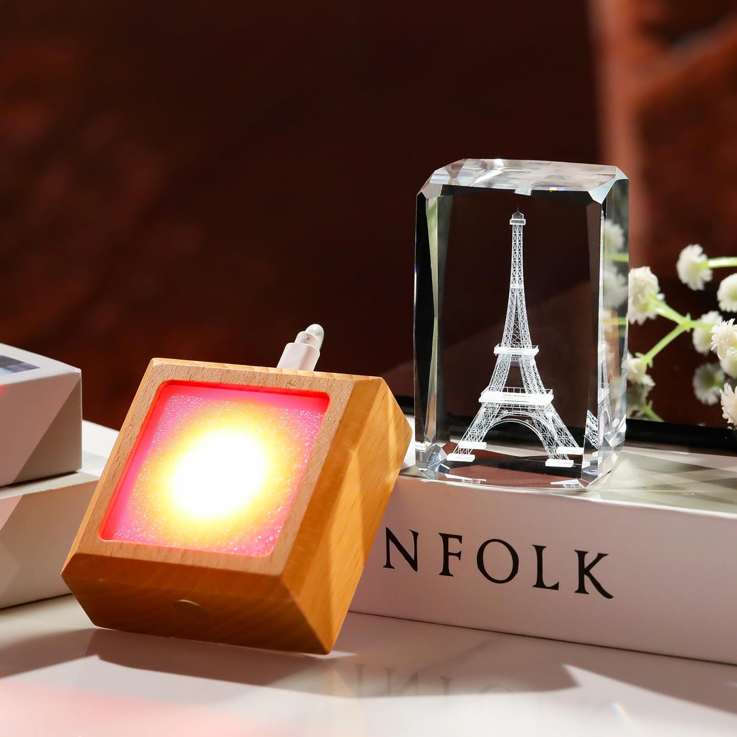 Arikyrist 3D Crystal Eiffel Tower Figurine Paris Gifts for Women, Laser Etched Eiffel Tower Decor with Wooden Light Base, Paris Themed Keepsakes France Souvenirs
