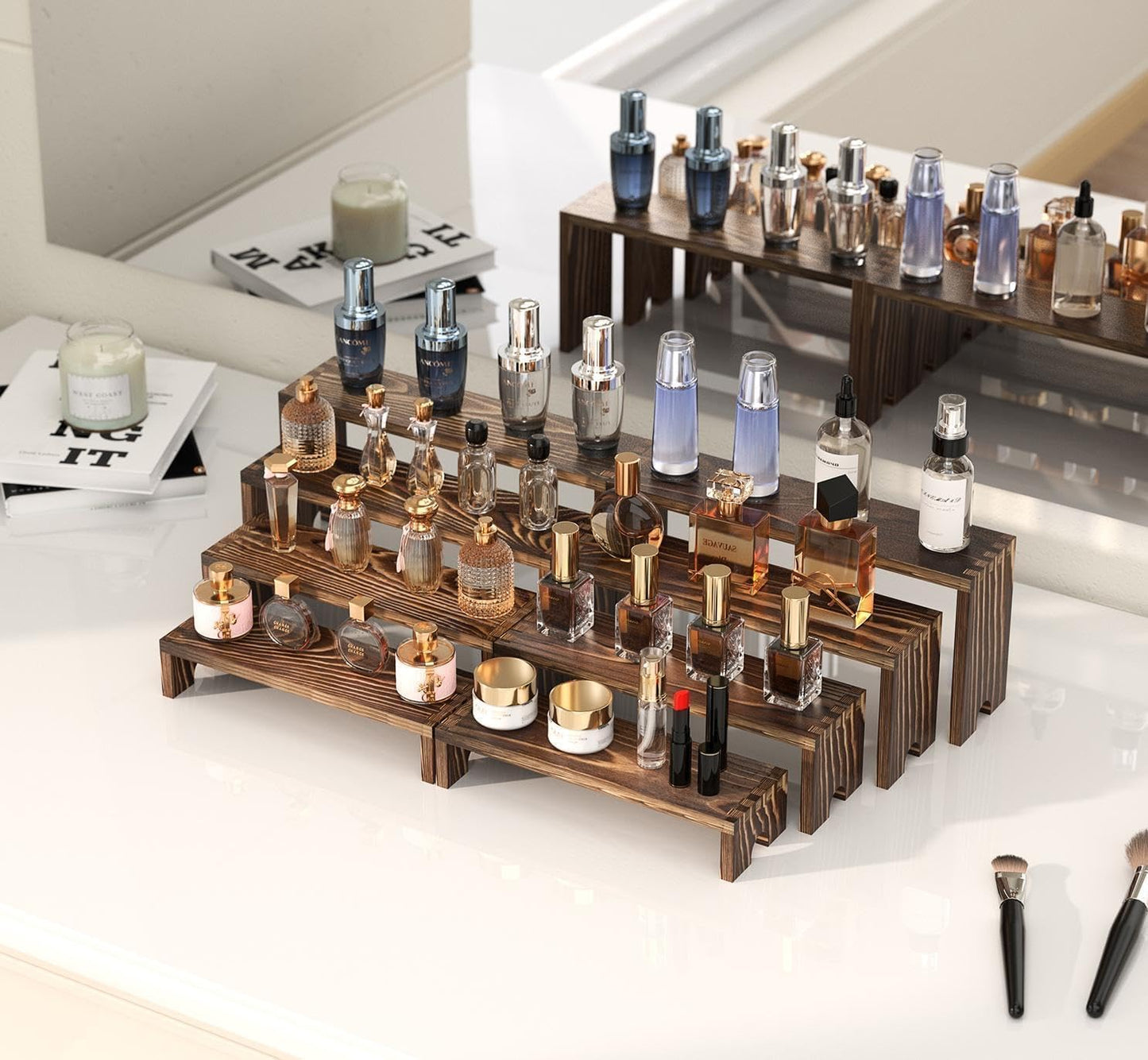 FUSHITON 8Pcs Wooden Display Risers Set, Solid Wood Tiered Stand for Perfumes, Jewellery, Collectibles, Cosmetics, Cupcakes and Party Food Display