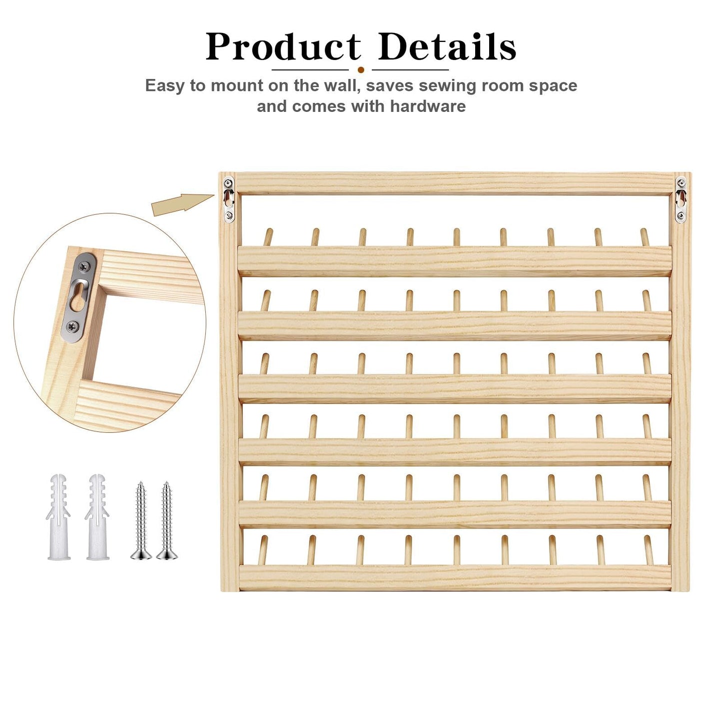 Wettin Premium 54 Spools Wooden Thread Rack – Wall Mounted Sewing Thread Holder Organizer for Craft Room, Embroidery, Hair-braiding & Jewelry Hanging, Includes Hanging Hooks