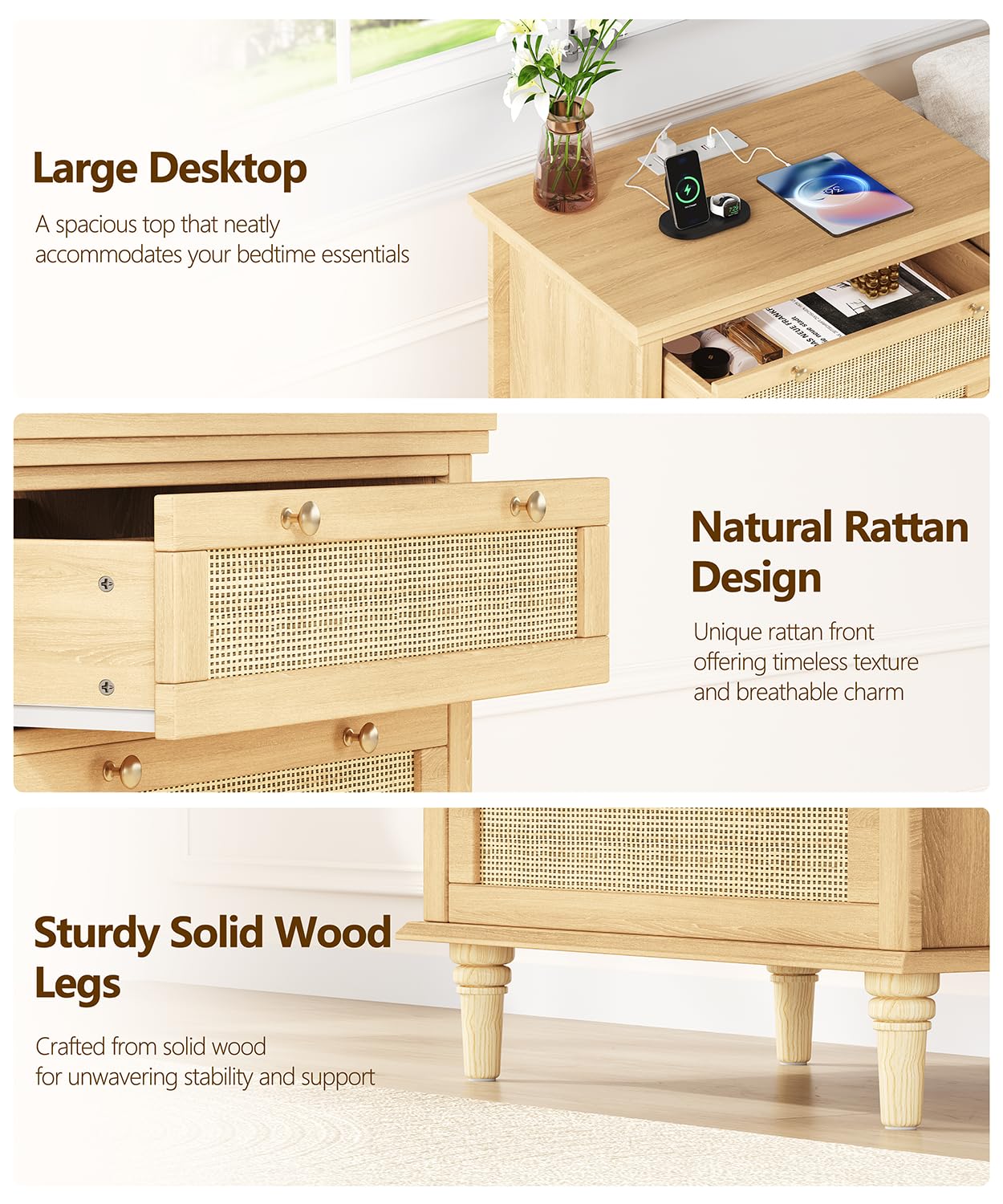 Keehusux 27.6" W Rattan Nightstand with 3 Drawers, Large Night Stand with Charging Station, Boho Bedside Table with Round Handles, Wooden End Table for Bedroom, Natural Oak