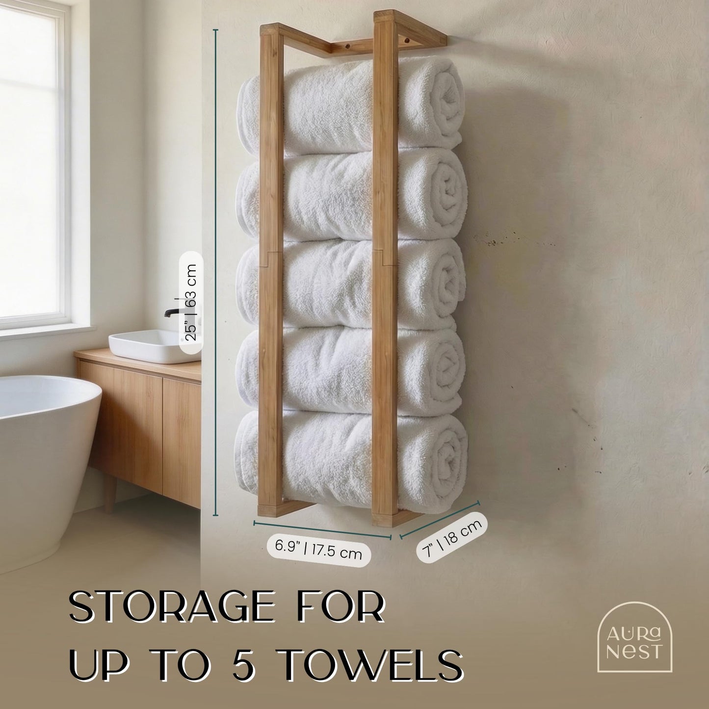Aura Nest Bamboo Towel Racks - Vertical Wood Towel Rack Bamboo Bathroom Accessories, Storage, Wall Towel Rack for Rolled Towels for Bathroom Furniture, Spa Furniture and Decor