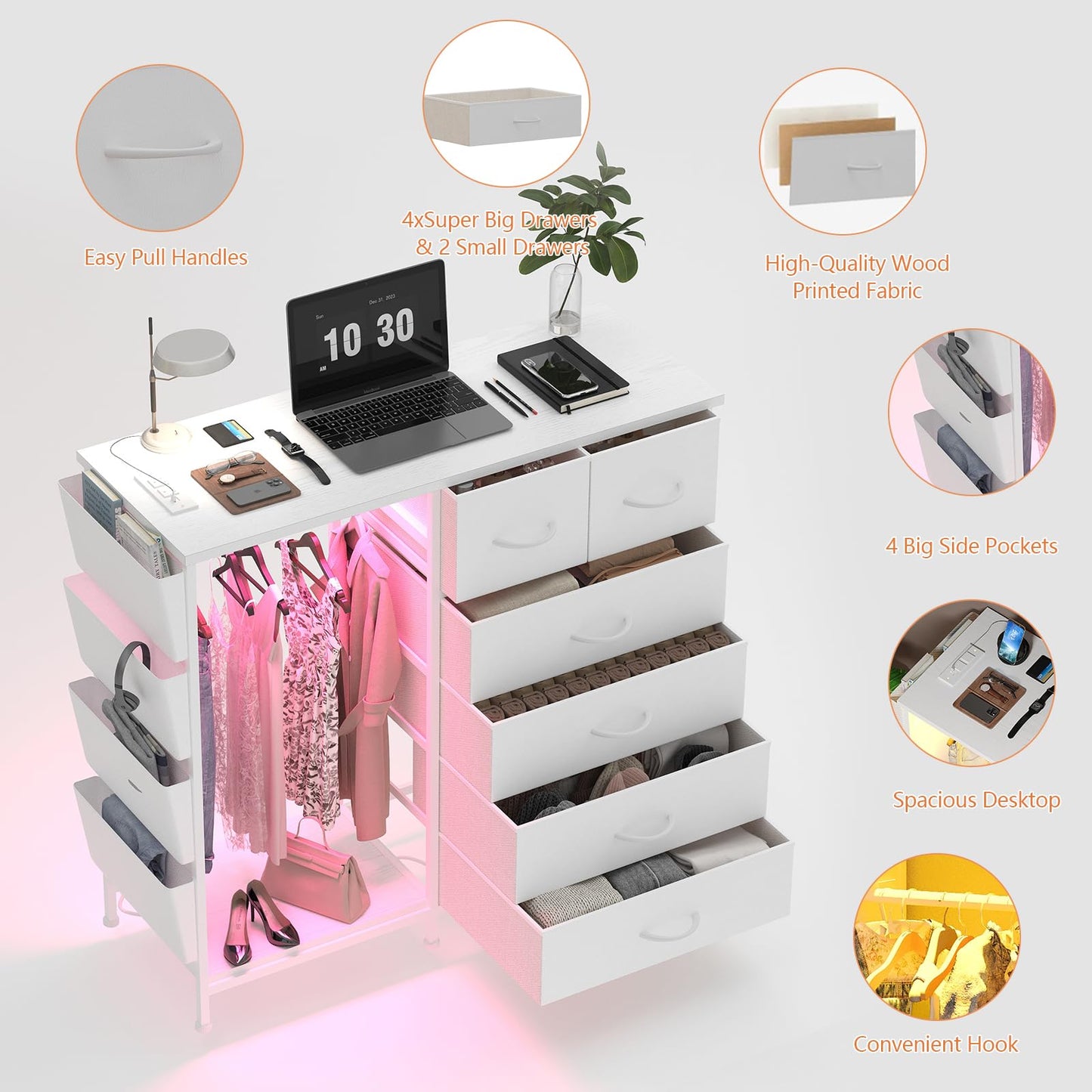 WODRAWER 6 Drawer Dresser for Bedroom with Clothes Rack, Clothes Dresser with Side Pockets and Hooks, Charging Station & LED Lights, Wooden Top, Fabric Storage (White)
