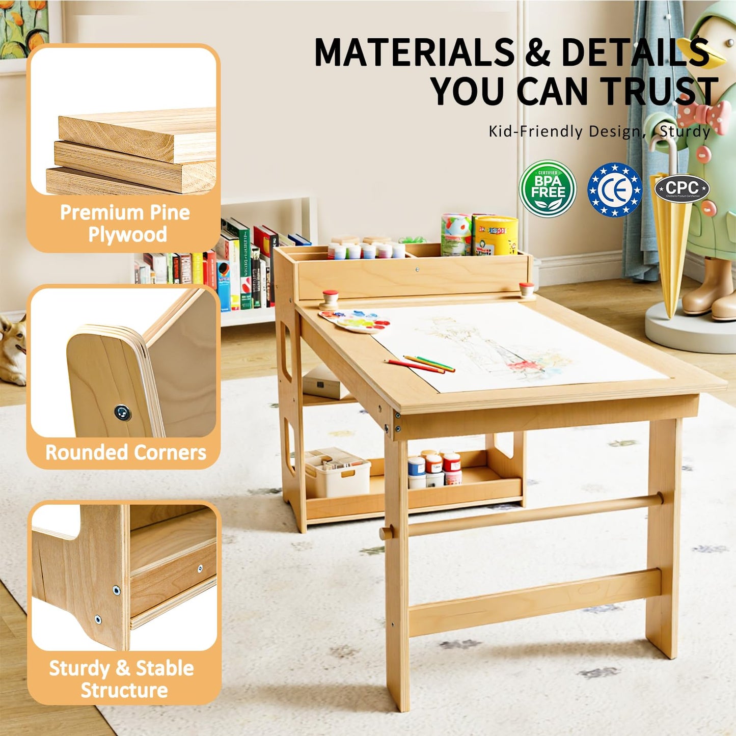 WINGYZ 5 in 1 Kids Art Table and Chairs - Toddler Activity Table and 2 Chair Set with Storage Cabinet, Wooden Kids Craft Table, Art Desk Sensory Table with Paper Roll for Playroom Ages 2-12 Gift