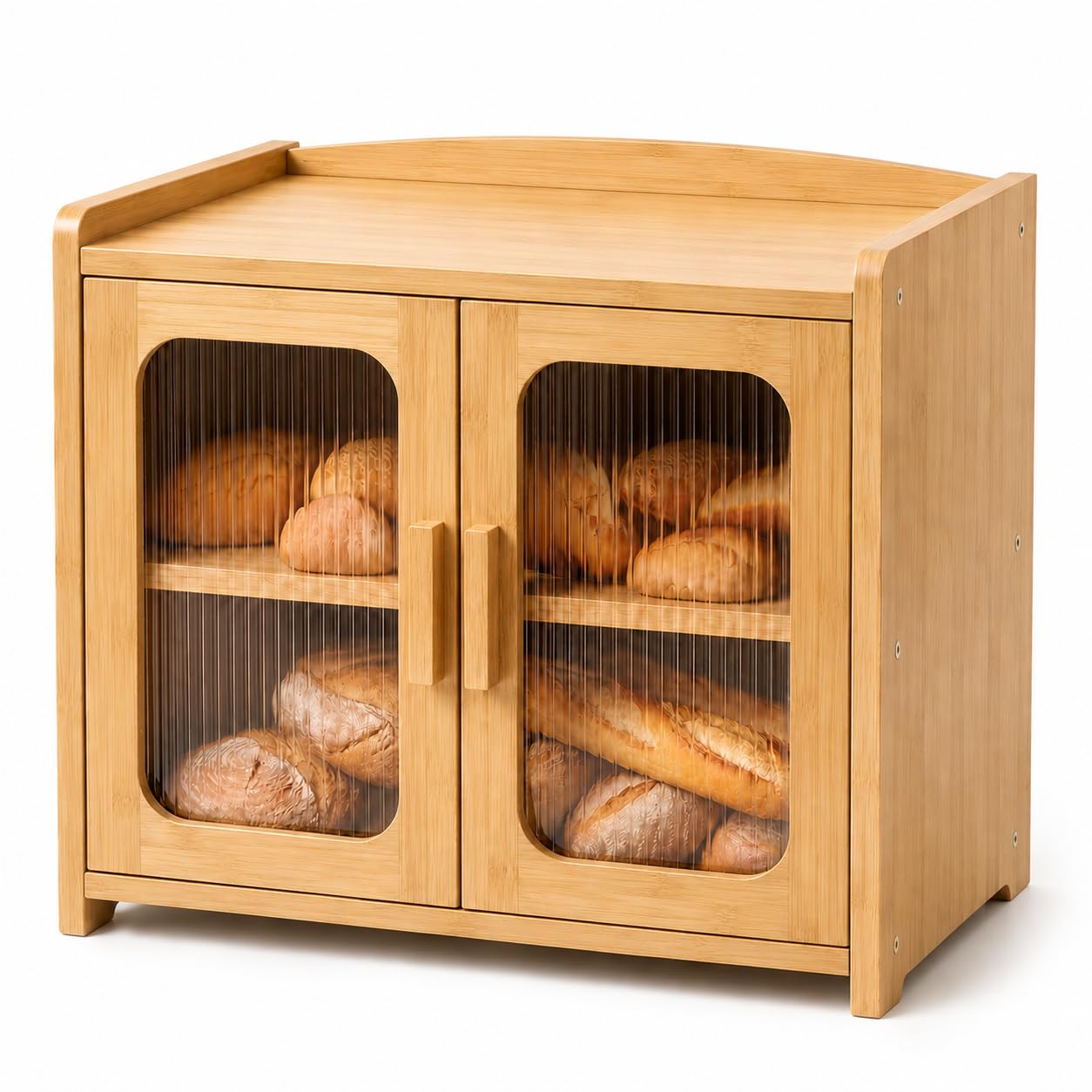 Florwish Bread Box for Kitchen Countertop, Large Capacity Wooden Bread Box, Fluted Acrylic Window Farmhouse Bread Storage, 2 Tier Corner Bread Box for Homemade Bread & Sourdough Bread, Natural Bamboo