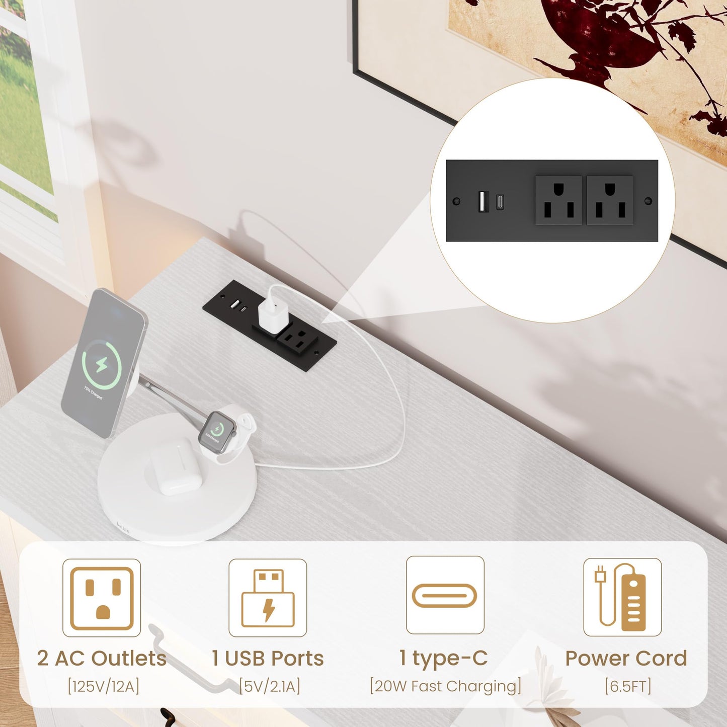 IDEALHOUSE 8 Drawer Dresser with Charging Station & LED Lights