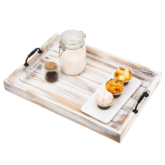 Rustic Vintage Big Wood Food Breakfast Serving Trays with Cutout Metal Handles(20 Inches) Large Nesting Board Decorative Serving Trays Platter in Bed, Ottoman, Coffee Table, BBQ, Party(Washed White