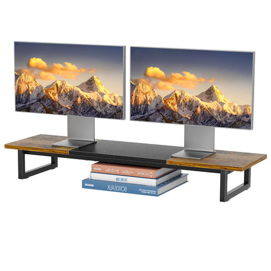 Simple Trending 38 Inch Dual Monitor Stand Riser, Wood and Steel Desk Organizer for 2 Monitors, Home Office, Rustic Brown
