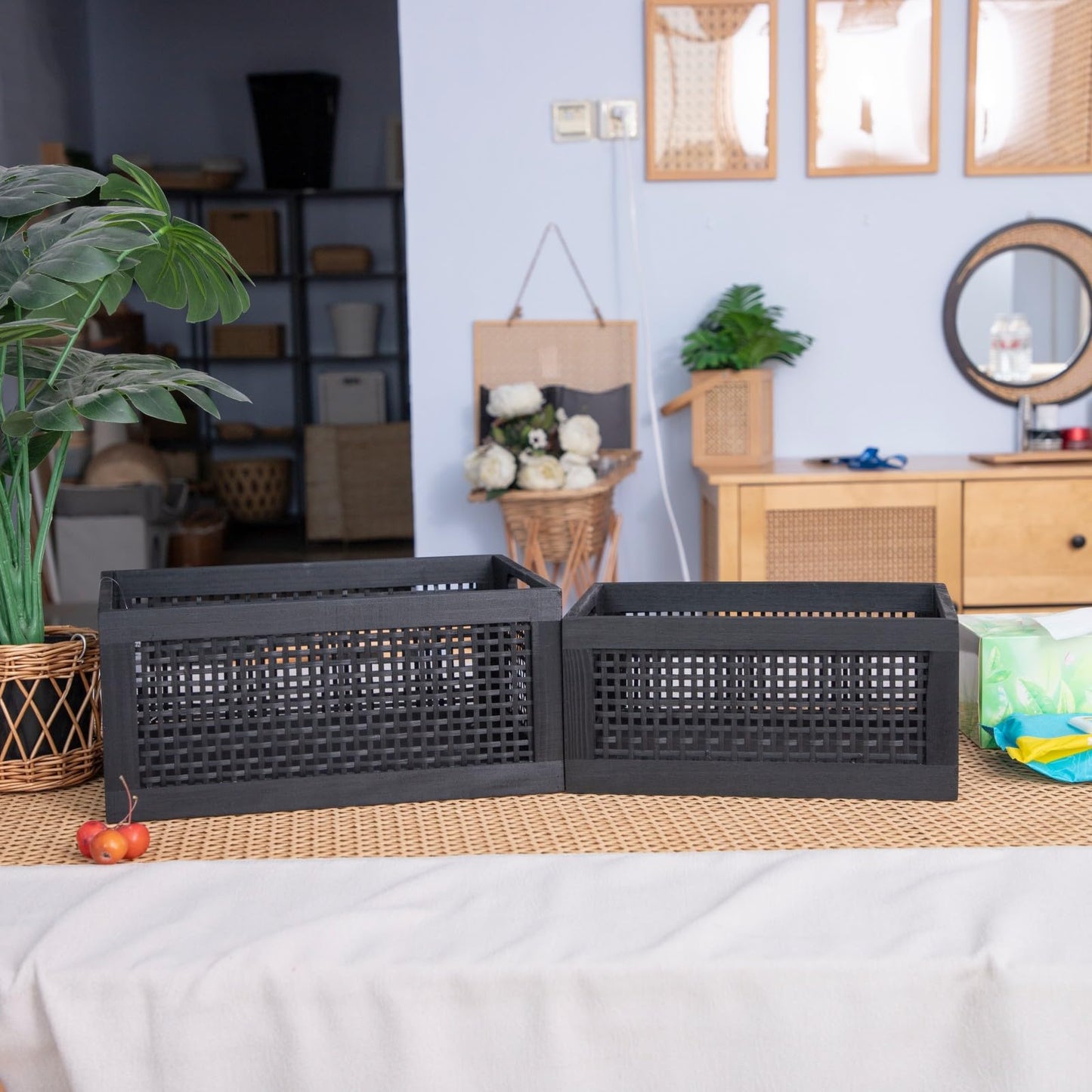 YRLSOTGE Wooden Storage Baskets,Black Woven Bamboo Basket Nesting Boxes with Built-in Handle for Pantry, Kitchen,Living Room,Shelves,Set of 2
