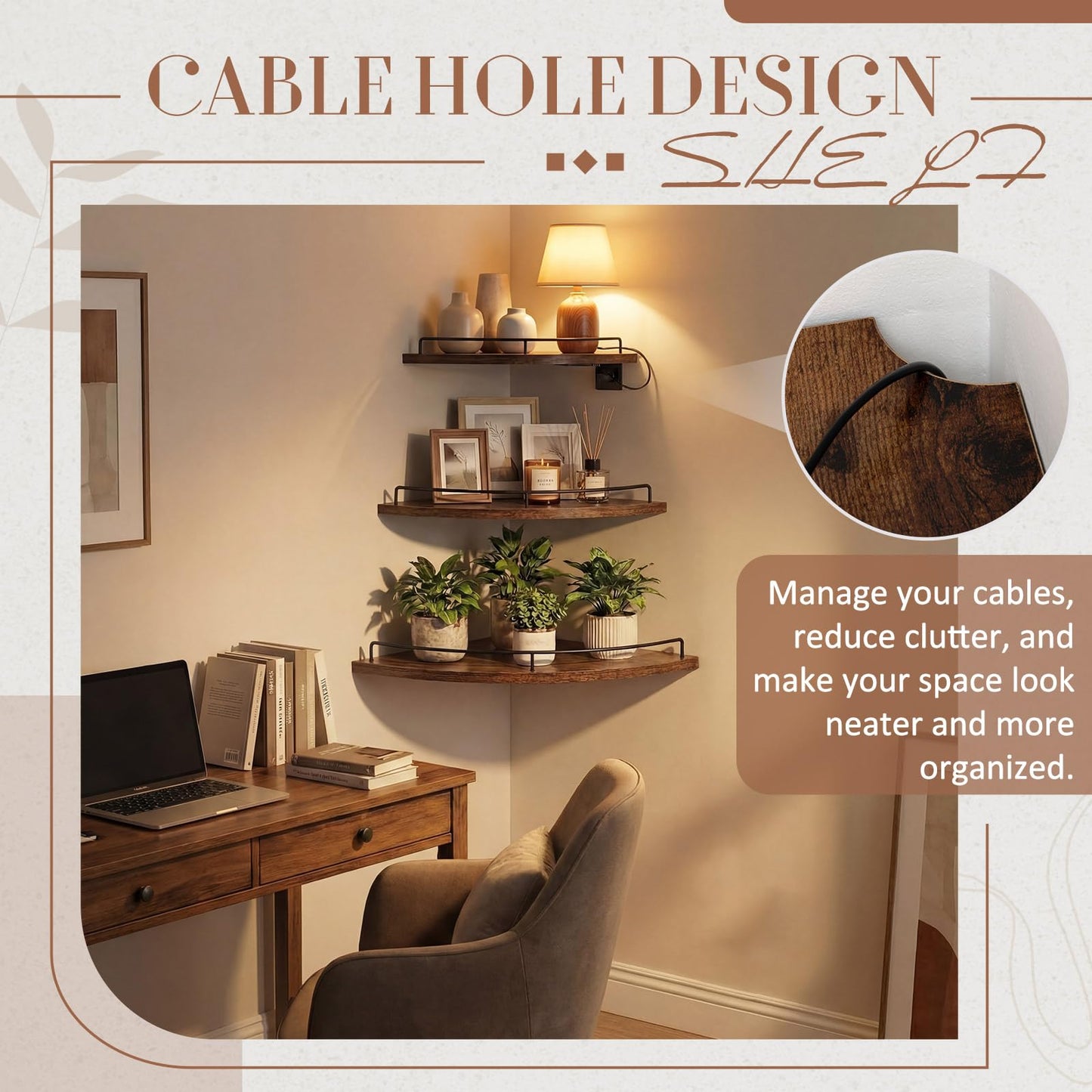 Novabright Corner Floating Shelf Set of 3 Rustic Brown Wood 9/10/12 in Corner Shelves Wall Mounted with Guardrail & Cord Hole Hanging Storage Display Shelves for Bedroom Kitchen Living Room Bathroom