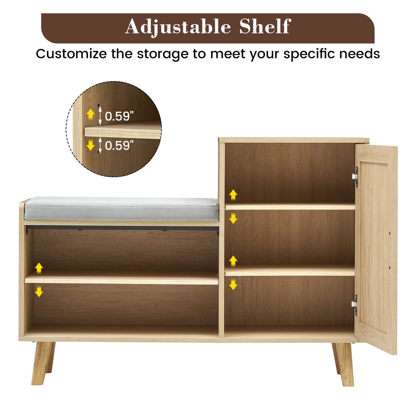 GAOMON 2-in-1 Natural Rattan Shoe Storage Bench with Upholstered, Shoe Cabinets with Adjustable Shelf, Home Entrance Shoe Rack for Hallway Living Room Bedroom Dorm and Small Apartment