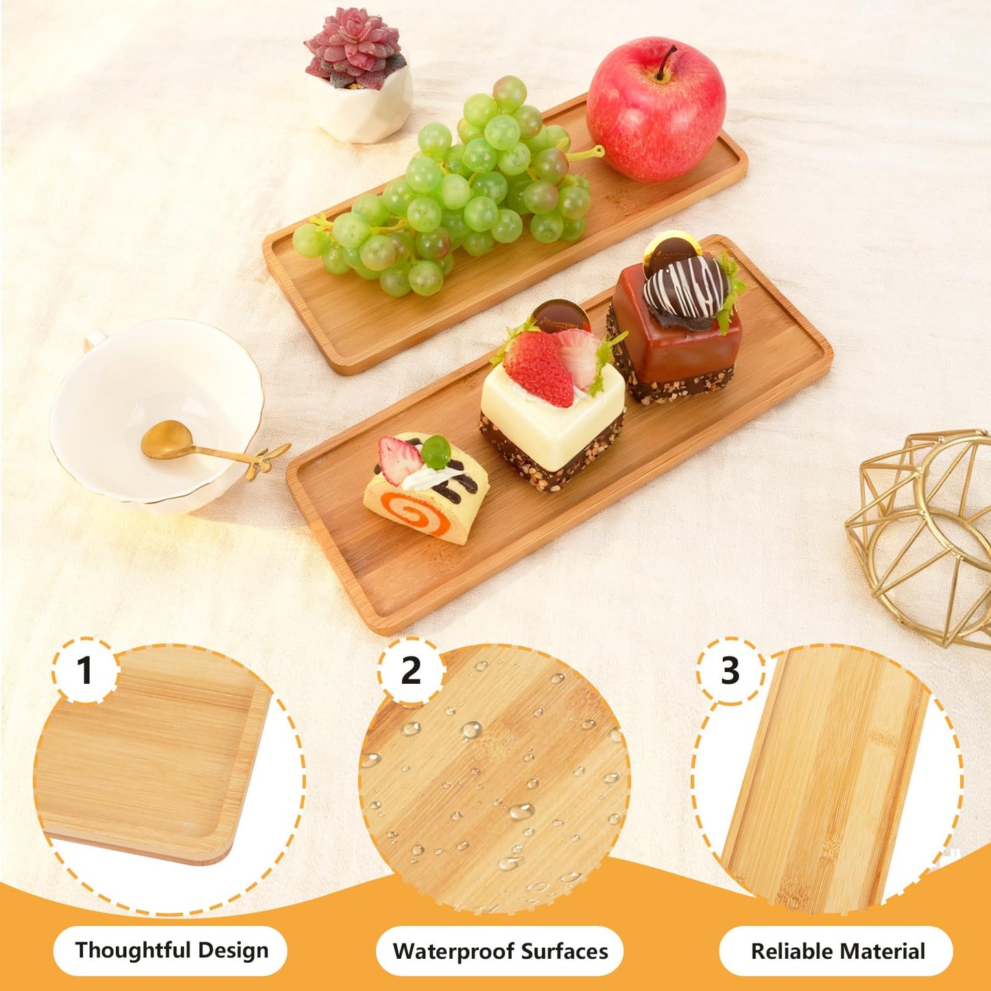 10 Pcs Wood Serving Trays, Rectangle Bamboo Tray for Bathroom, Wooden Serving Platter Vanity Tray for Dresser Snack Food Dinner Kitchen, 11 x 4 Inch(Rounded Edges)