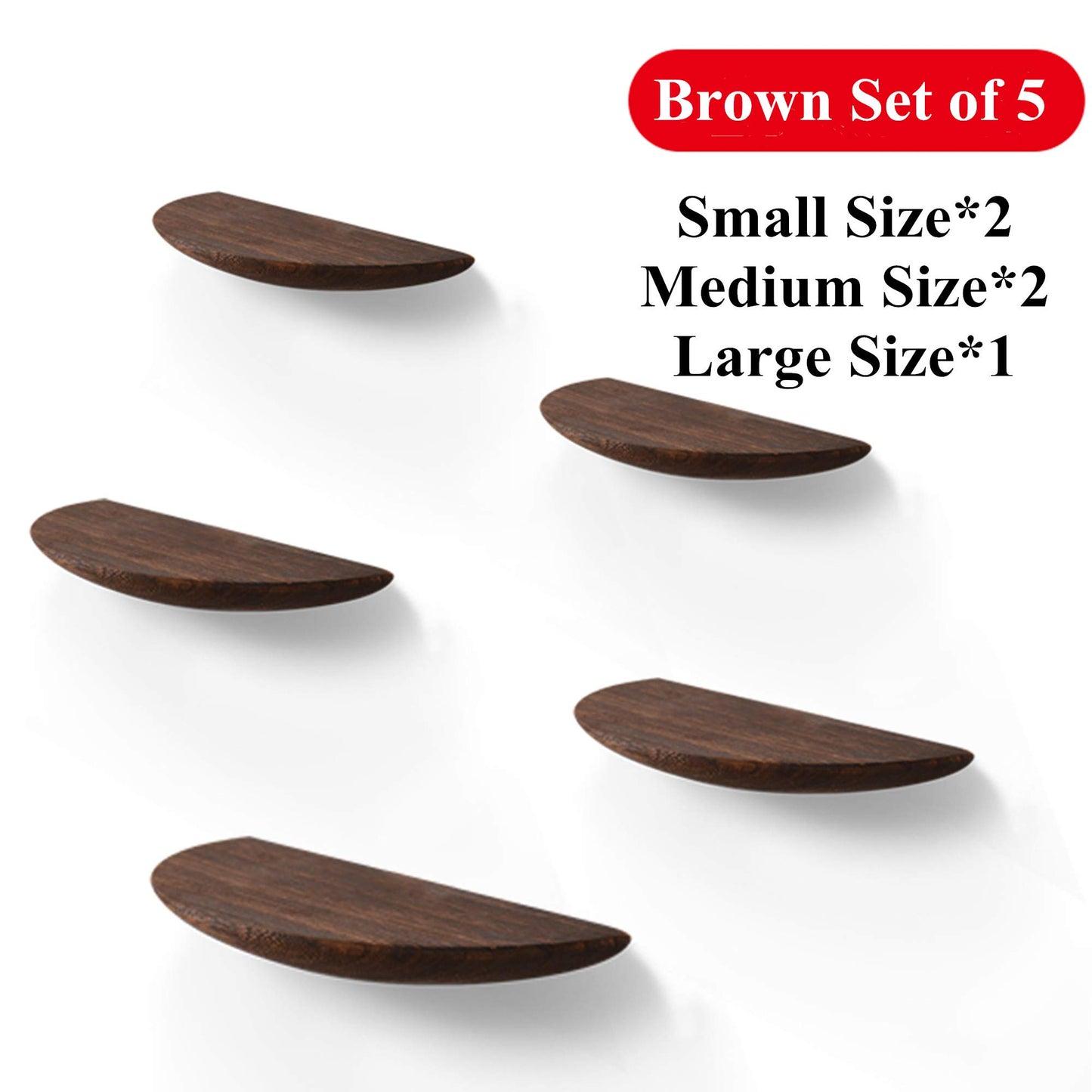 FMXYMC Floating Wall Mounted Shelves, Set of 5 Display Ledge Shelves, Thick Solid Wood, 2 Installation Methods, Semi Circle Panel, for Bedroom Office Kitchen Living Room,Brown