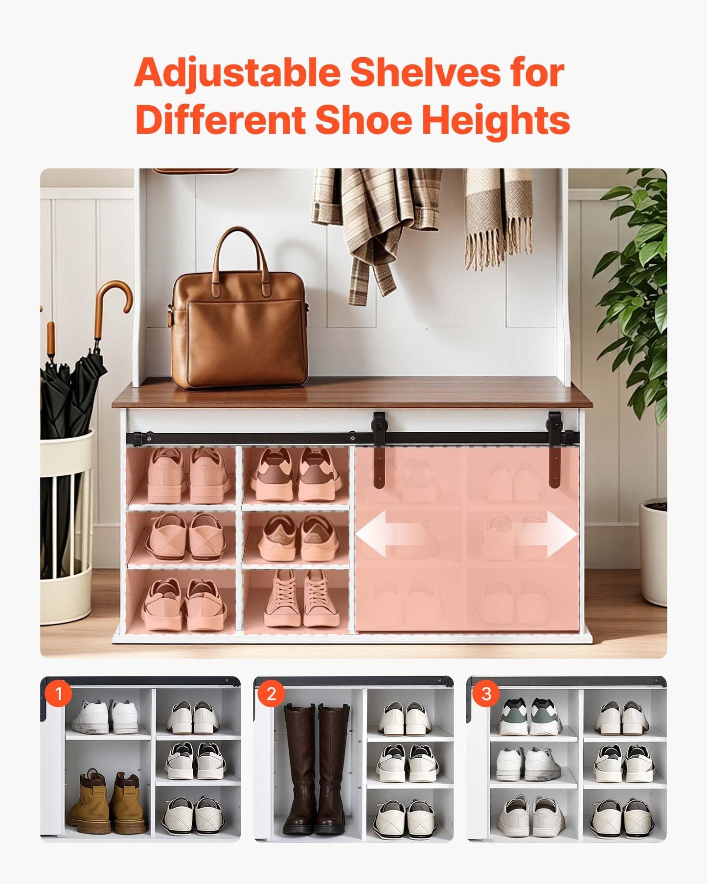 VEVOR Hall Tree with Bench and Shoe Storage, 42" Wide, Entryway Hall Tree with Bench, Hanging Hooks, Storage Shelves, Adjustable Shoe Shelves, Wooden Furniture for Mudroom, Entryway, Hallway, White