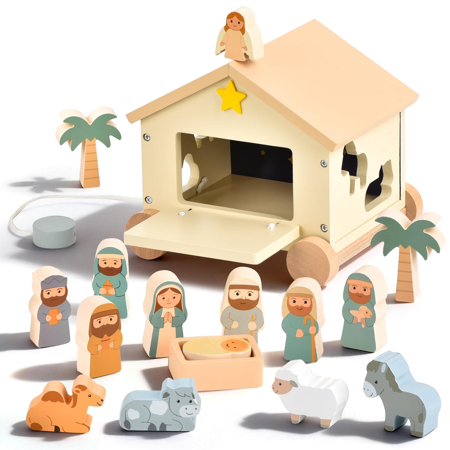 Mauzutta Wooden Nativity Set Montessori Toys for 1 Year Old - Baptism Gifts for Boys Girls - Religious Christening Gift - Bible Toys for Toddlers 1-3 House on Wheels Shape Sorter