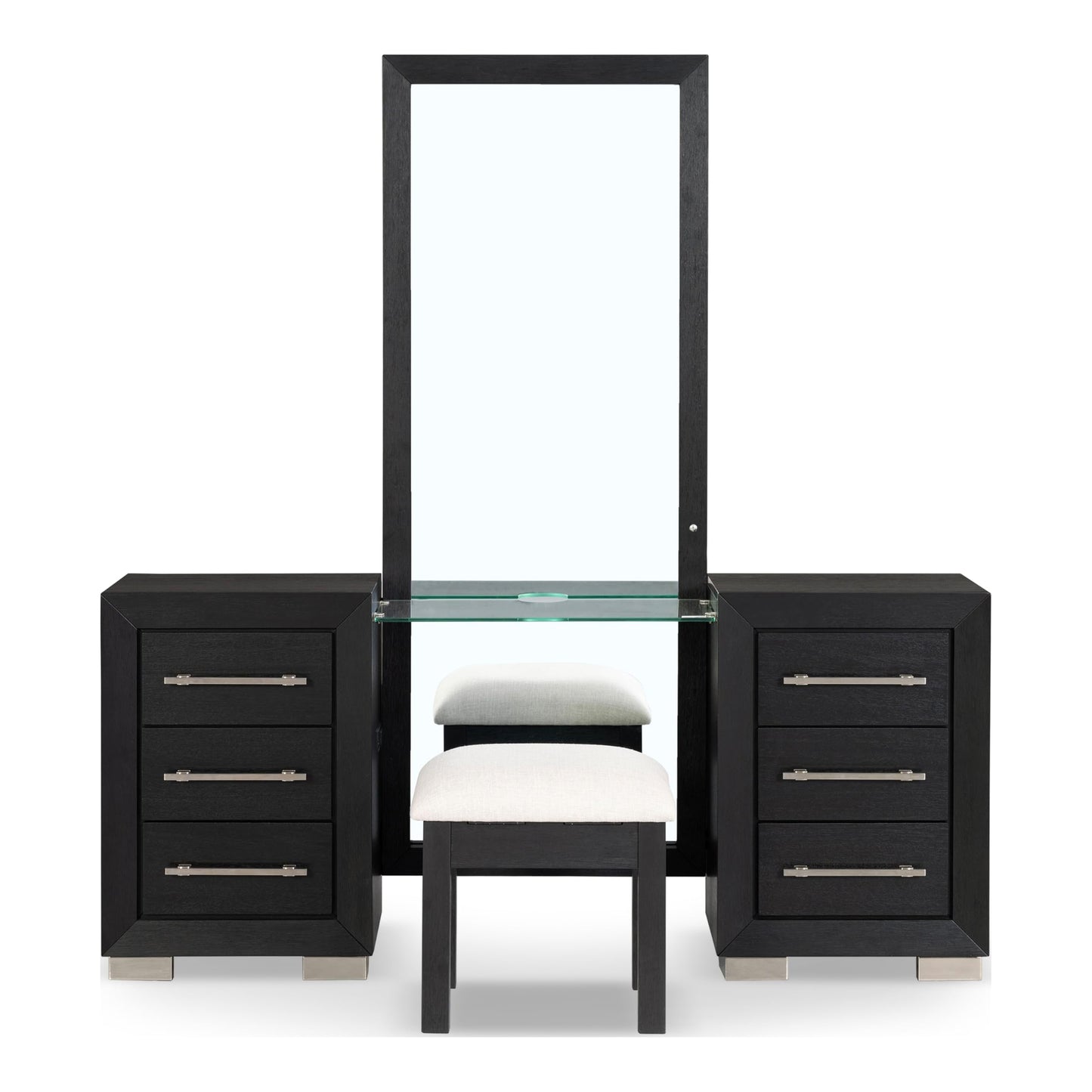 Furniture of America Lyle Modern Solid Wood 6-Drawer Makeup Vanity Set with Storage Stool and LED Full-Length Mirror, Wooden Dresser with USB Ports and Power Outlet for Bedroom, Guest Room, Black