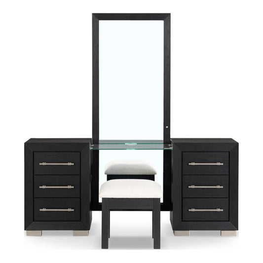 Furniture of America Lyle Modern Solid Wood 6-Drawer Makeup Vanity Set with Storage Stool and LED Full-Length Mirror, Wooden Dresser with USB Ports and Power Outlet for Bedroom, Guest Room, Black