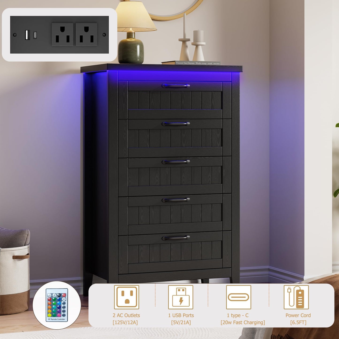 GarveeHome Farmhouse Tall 5 Drawer Dresser with Charging Station & LED Lights, Slim Wooden Bedroom Dresser, Rustic Chest of Drawers Clothes Storage Organizer for Closet Dorm Apartments, Black