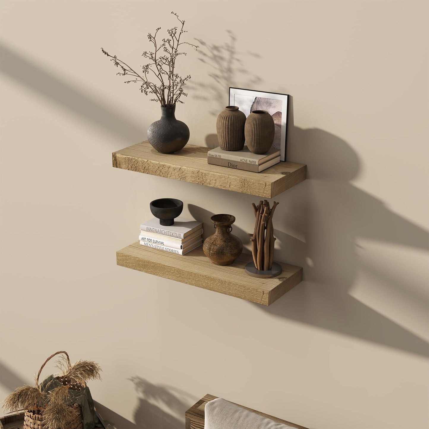 Acovy 24/30/36/40/48/55/72" Unfinished Solid Reclaimed Wood Floating Shelves, Rustic Heavy-Duty Wall Shelves, 8" Deep Floating Shelf for Living Room, Bathroom, Bedroom and Kitchen, Natural