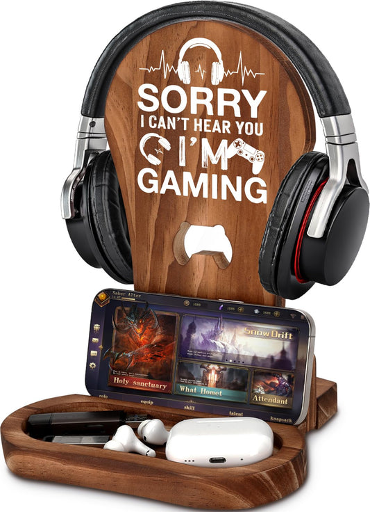CryCarrot Gamer Gifts for Men Teenage Boys Birthday Fathers Day, Headphone Stand Gaming Birthday Gifts for Him Men Son Boyfriend Brother, Gamer Lovers Room Decor Stuff Wooden Headset Holder