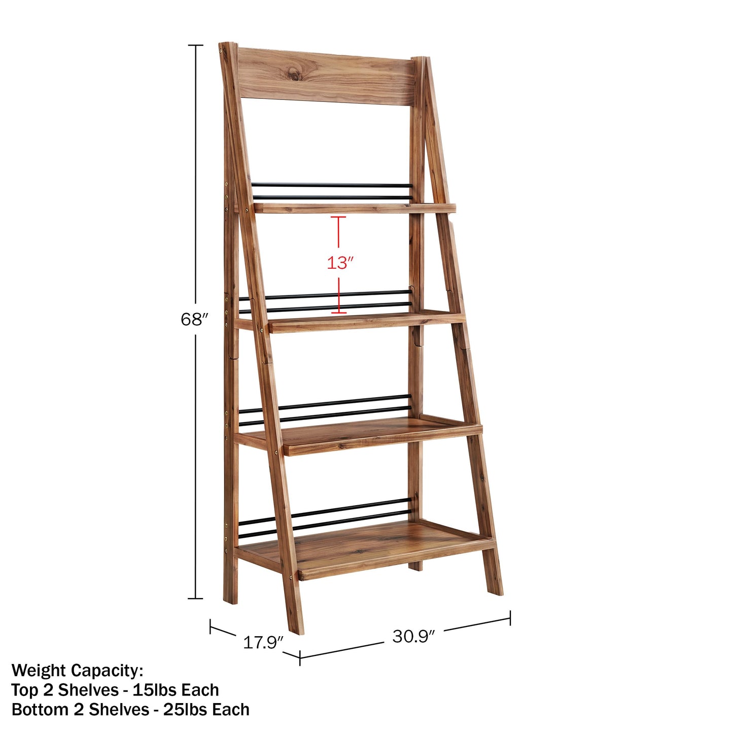 Alaterre Furniture Ladder Bookshelf - Freestanding 4-Tier Bookcase with X-Back Frame - Shelves for Living Room, Kitchen, Bedroom, and Office (Walnut)