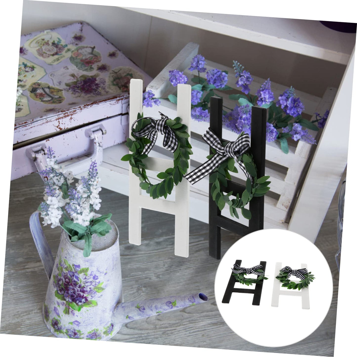 Homoyoyo 2pcs Decorative Wood Frame Small Ladder Decor Wood Ladder Farmhouse Ladder Decor Ladder Decoration with Wreath Wooden Step Ladder Rustic Ladder Sign Office Jewelry Towel Rack