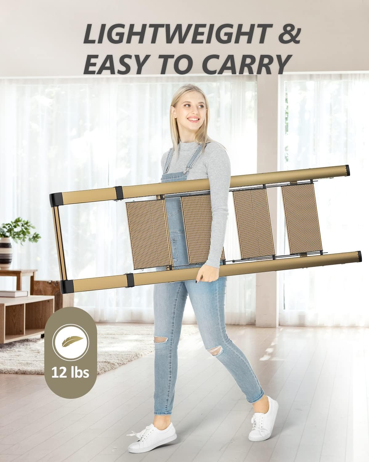 SOLADDER 4 Step Ladder, Folding Step Stool with Anti-Slip Wide Sturdy Pedal and Handgrip, Portable Lightweight Aluminum Stepladder, 300 lbs Capacity, Multi-Use for Home, Library - Brown Gold