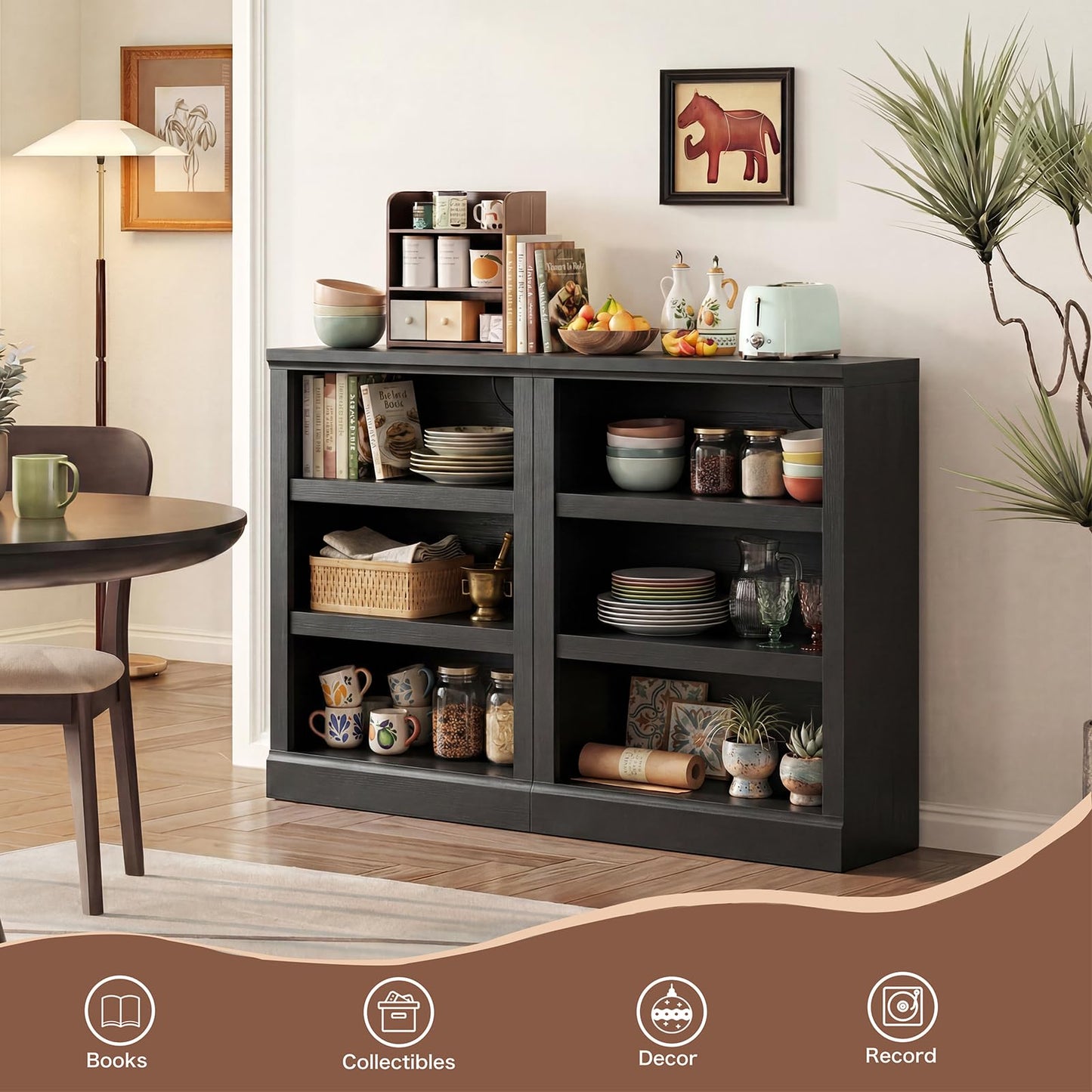 Unikito 3-Tier Storage Bookcase with Adjustable Shelves, Modern Wood Storage Organizer Rack, Free Standing Decorative Display Shelf for Home Office, Living Room and Bedroom-Black
