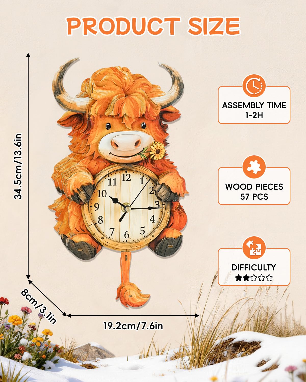 Rnfinewow 3D Puzzles for Adults, Highland Cow Clock Kit with Pendulum, 3D Wooden Puzzles Model Kit Home Decor DIY Wall Clock Highland Cow Puzzle Birthday Gifts for Women Men