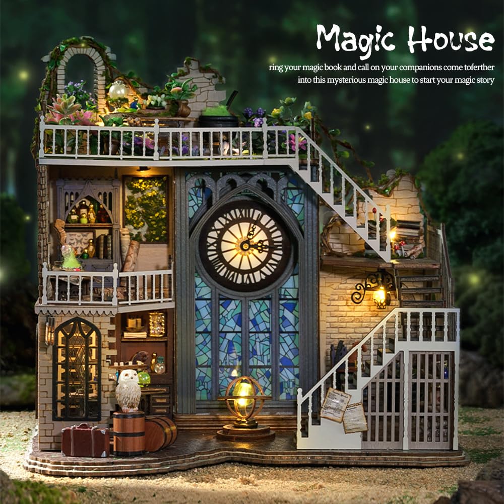 CUTEBEE DIY Dollhouse Miniature with Furniture, DIY Wooden Dollhouse Kit Plus Dust Proof and Music Movement, Creative Room for Valentine's Day Gift Idea(Cozy Time) (Magic House)