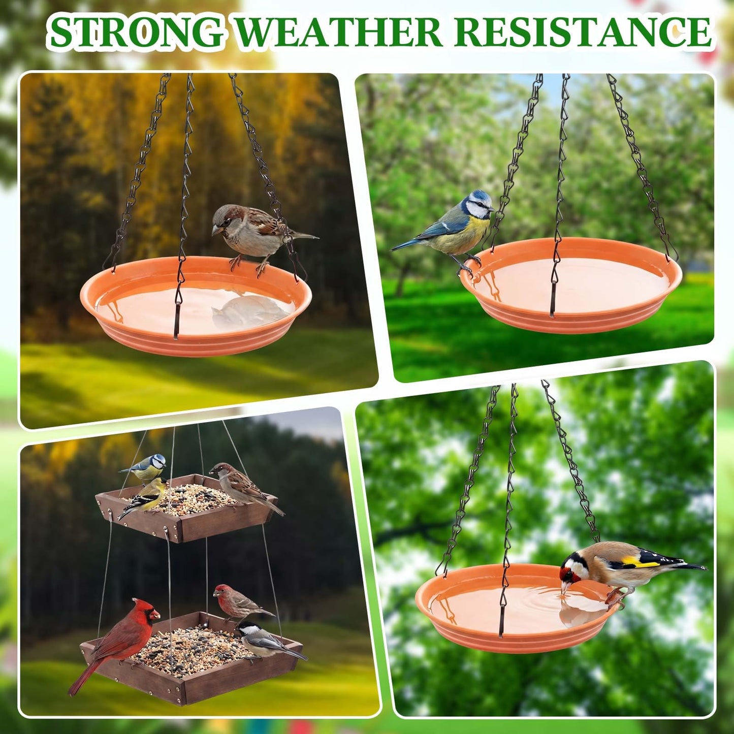 Ferrochef 2 Tier Large Platform Cedar Bird Feeders with Round Hanging Birds Watering Tray, Bird Bath, Wooden Mesh Seed Tray Platform for Outdoors Garden Decor, for Cardinal Blue Jay