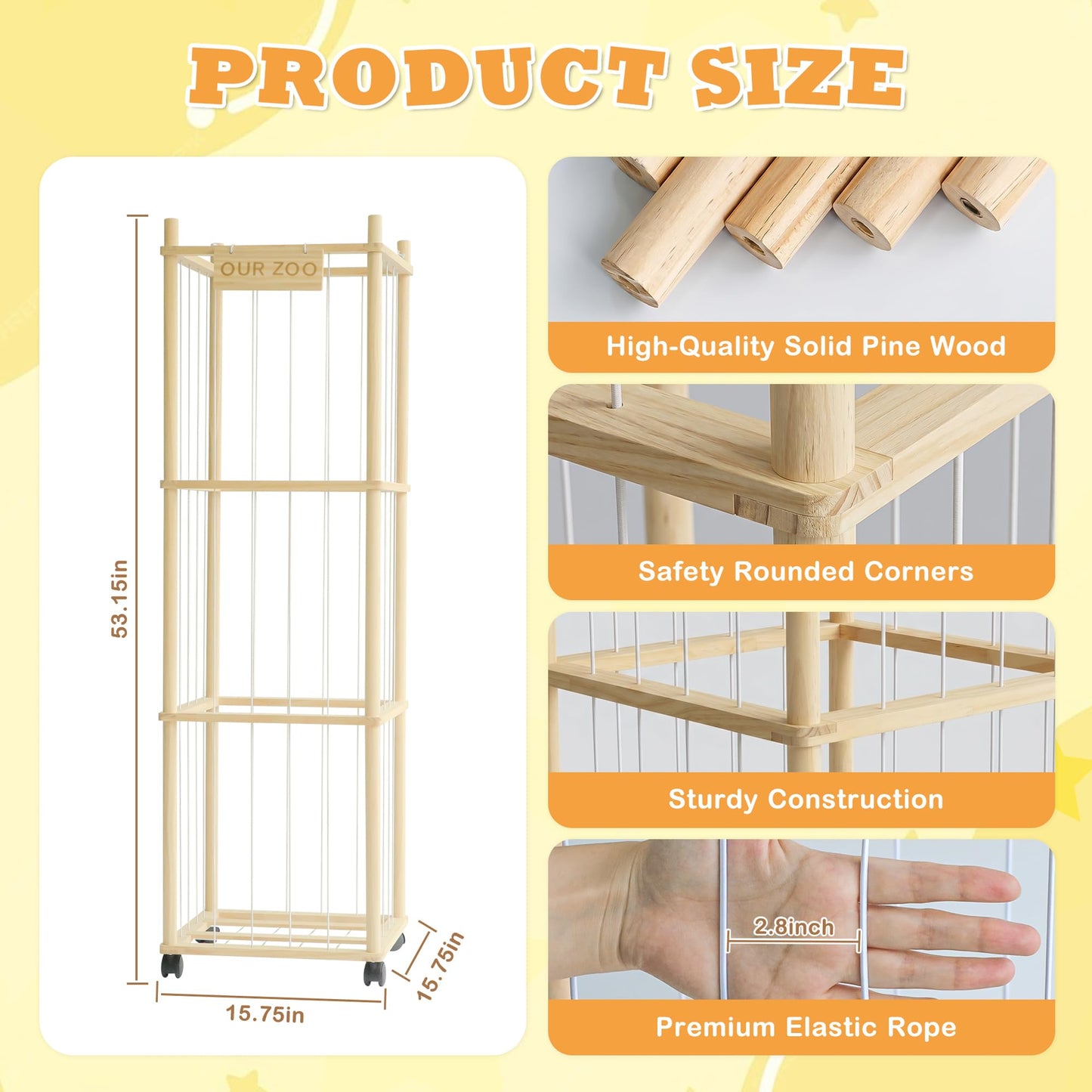 Stuffed Animal Storage Organizer Zoo Tower, Large Wooden Plush Toy Organizer & Holder with Elastic Cords & Brake, Plushies Storage for Playroom Bedroom Nursery, Natural Solid Wood, Easy Assembly