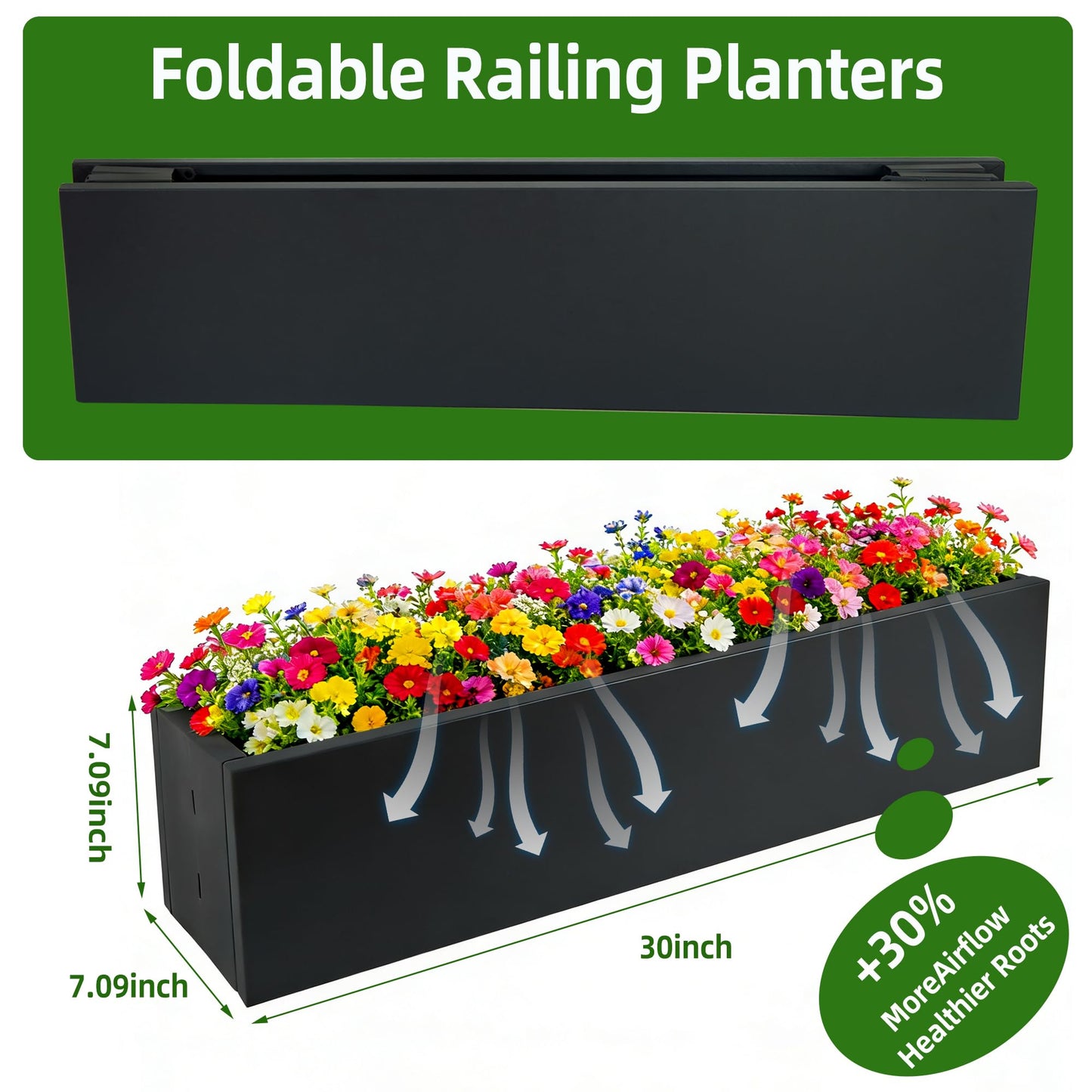 TISUWING 2 Pack Metal Railing Planter Box, 30 Inch Balcony Planters with Adjustable Brackets, Large Hanging Planters for Outdoor Fence Deck