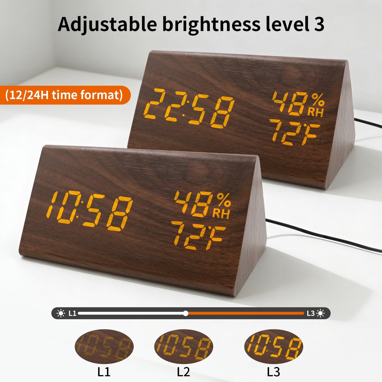 KESHIDE Wooden Digital Alarm Clocks for Bedrooms - Electric Desk Clock with Large Numbers, USB Port, Loud Alarm for Heavy Sleepers, Adjustable Volume, Dimmer, Snooze, DST, Wood Décor, Adapter Powered