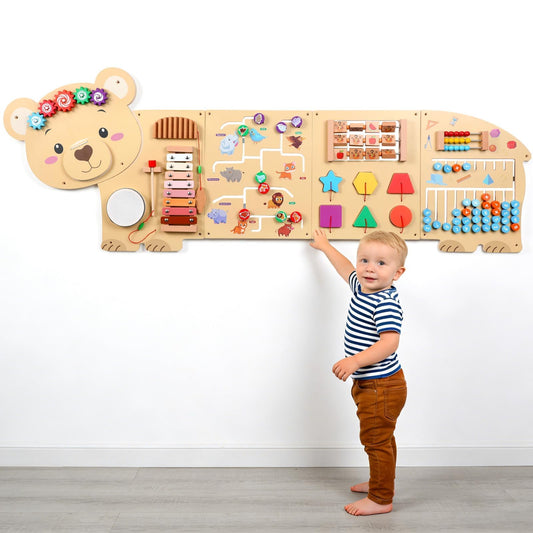 5FT Large Bear Activity Wall Busy Board Wooden Sensory Wall Panel Educational Montessori Toys for Toddler Kids Interactive Sensory Activity Board Learning Center Playroom Daycare Nursery Decor