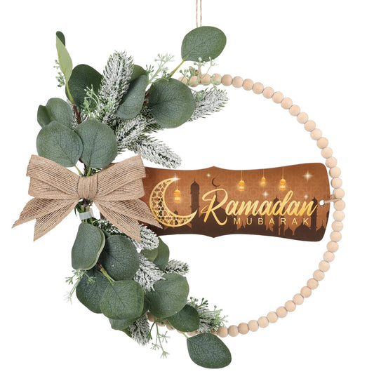 HPNIUB Ramadan Door Sign, Eid Mubarak Decoration for Muslim Home Room, Islam Mubarak Wooden Hanging Sign Wreath, Ramadan Hollow Wall Art for Ramadan Mubarak Party Supplies