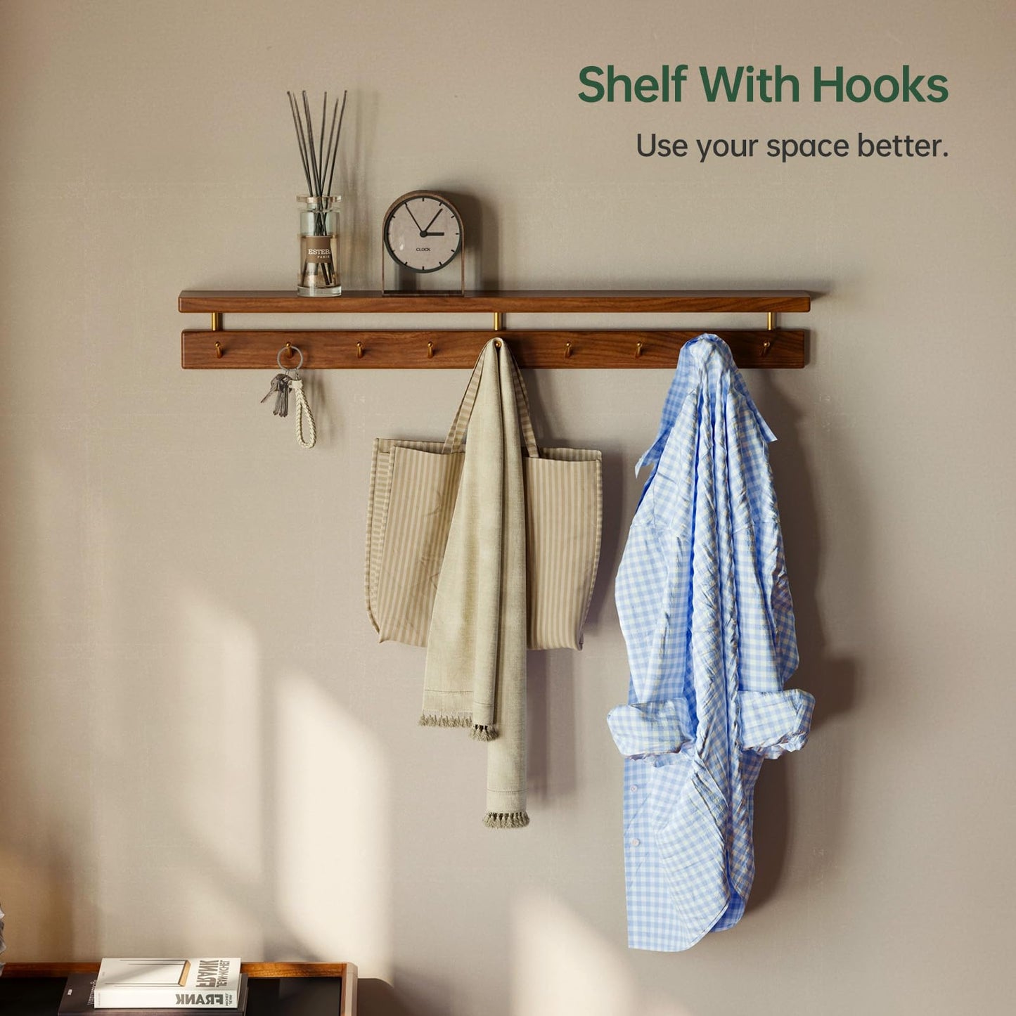 Wayshome Walnut Wall Hooks with Shelf, Coat Rack Wall Mount, Entryway Hanging Shelf with 9 Brass Hooks for Hats, Clothes, Towels, Bags, Black Walnut Wood, Natural