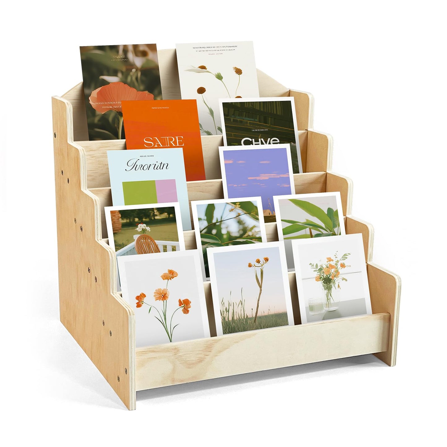 SPVIKISGO 5-Tier Greeting Card Display Stand, Wooden Rack Holder for Display Postcards, Cards, Brochure and Stickers, also for Vendors, Counter Retail