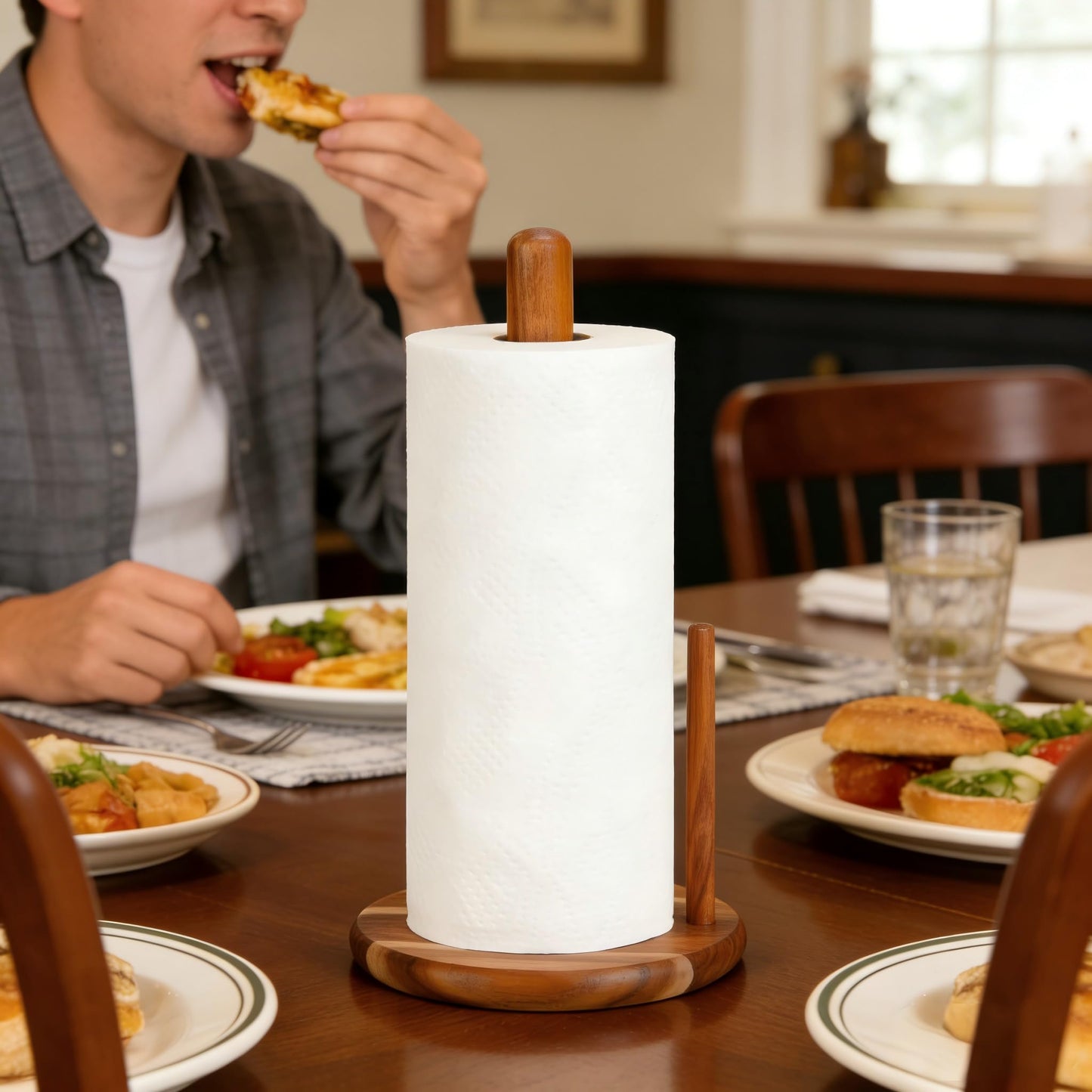 Onedeful Paper Towel Holder Countertop, Acacia Wood Kitchen Roll Holder with Anti-Slip Weighted Base, Paper Towel Stand for Kitchen Bathroom Dining Table Organize