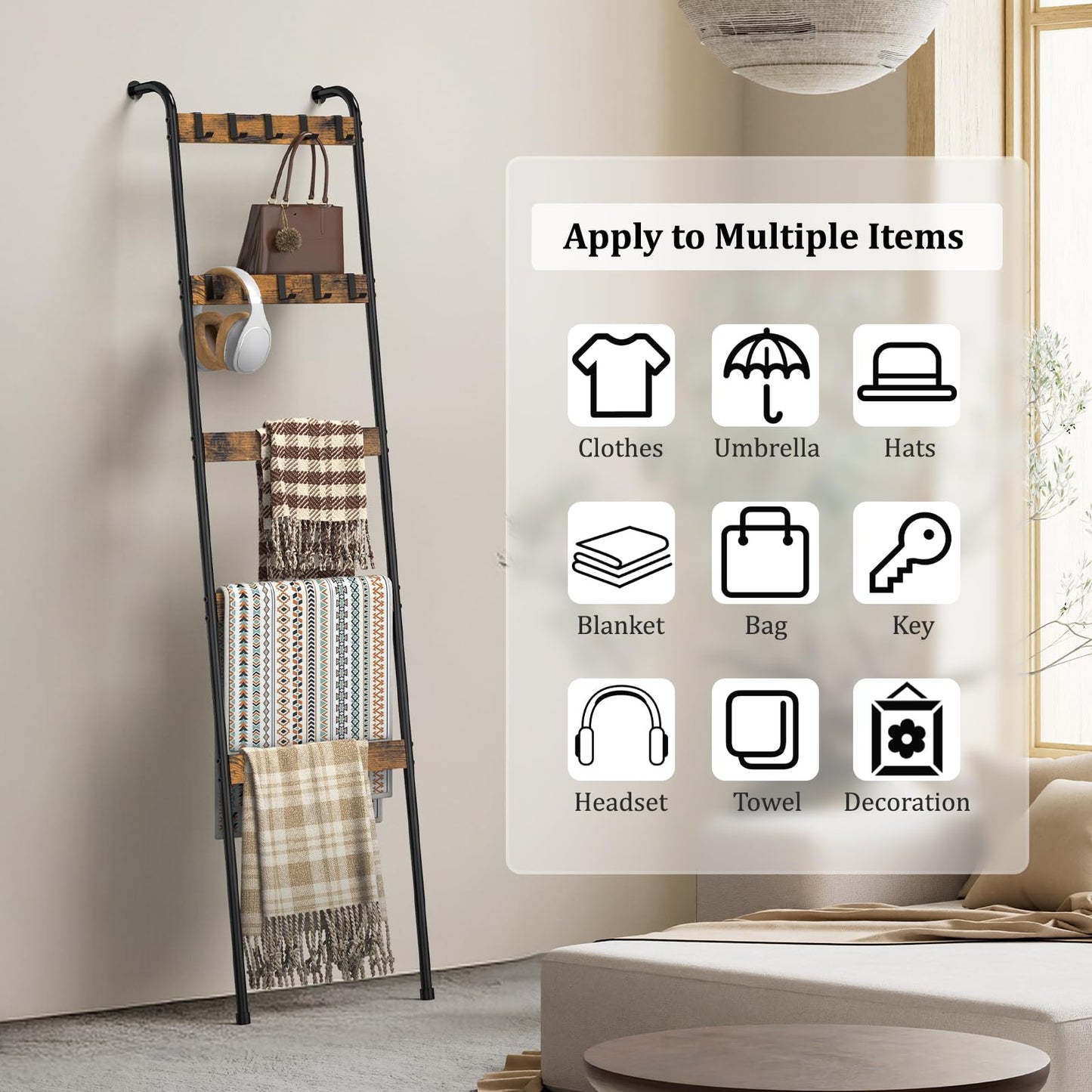 NOMISPADVIC Blanket Ladder for Living Room Towel Ladder for Bathroom Decorative Quilt Rack for Home Decor 5-Tier Throw Blanket Holder with 10 Hooks, Rustic Brown and Black