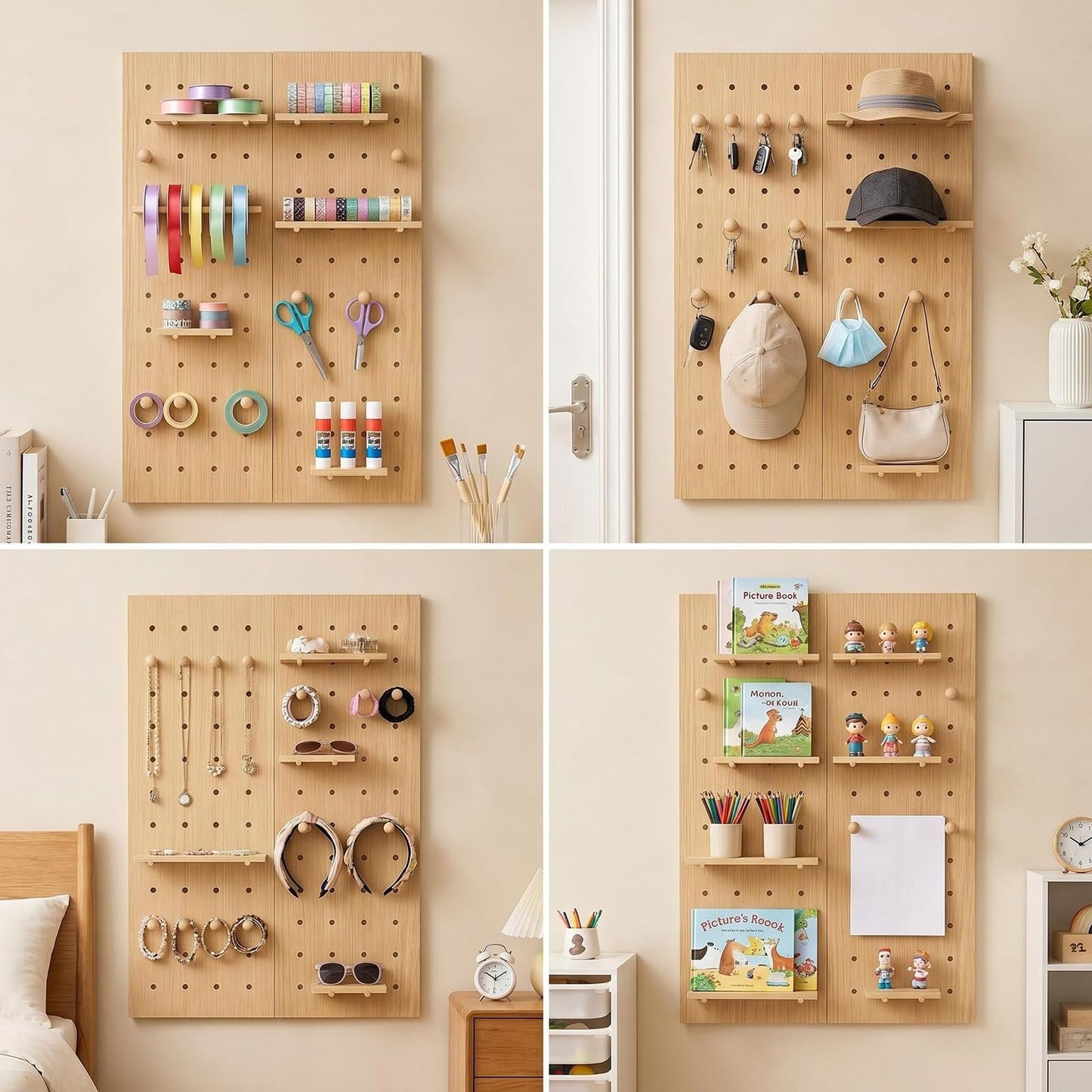 Lumiterra Large Wood Pegboard Wall Organizer - Heavy Duty 2-Panel Wooden Peg Board Kit with Shelves, Modular Wall Storage Display for Craft Room, Office, Bedroom