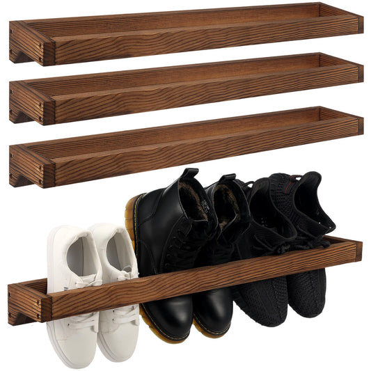 Wenqik 4 Pcs Wall Mounted Wooden Shoe Rack 30 Inch Rustic Wood Wall Hanging Shoe Rack Space Saving Footwear Holder Shoes Storage Organizer for Mudroom, Entryway, Closet (Burnt Wood)