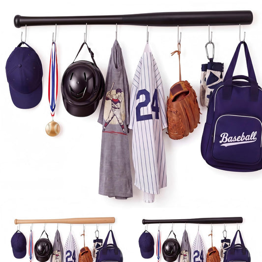 Mifoci Wooden Hat Organizer for Baseball Caps,31.1 '' Baseball Bat Wall Rack with 8 Hooks for Sports Wall Decor Caps Storage and Bat Hat Rack Coats Sports Gift(Black)
