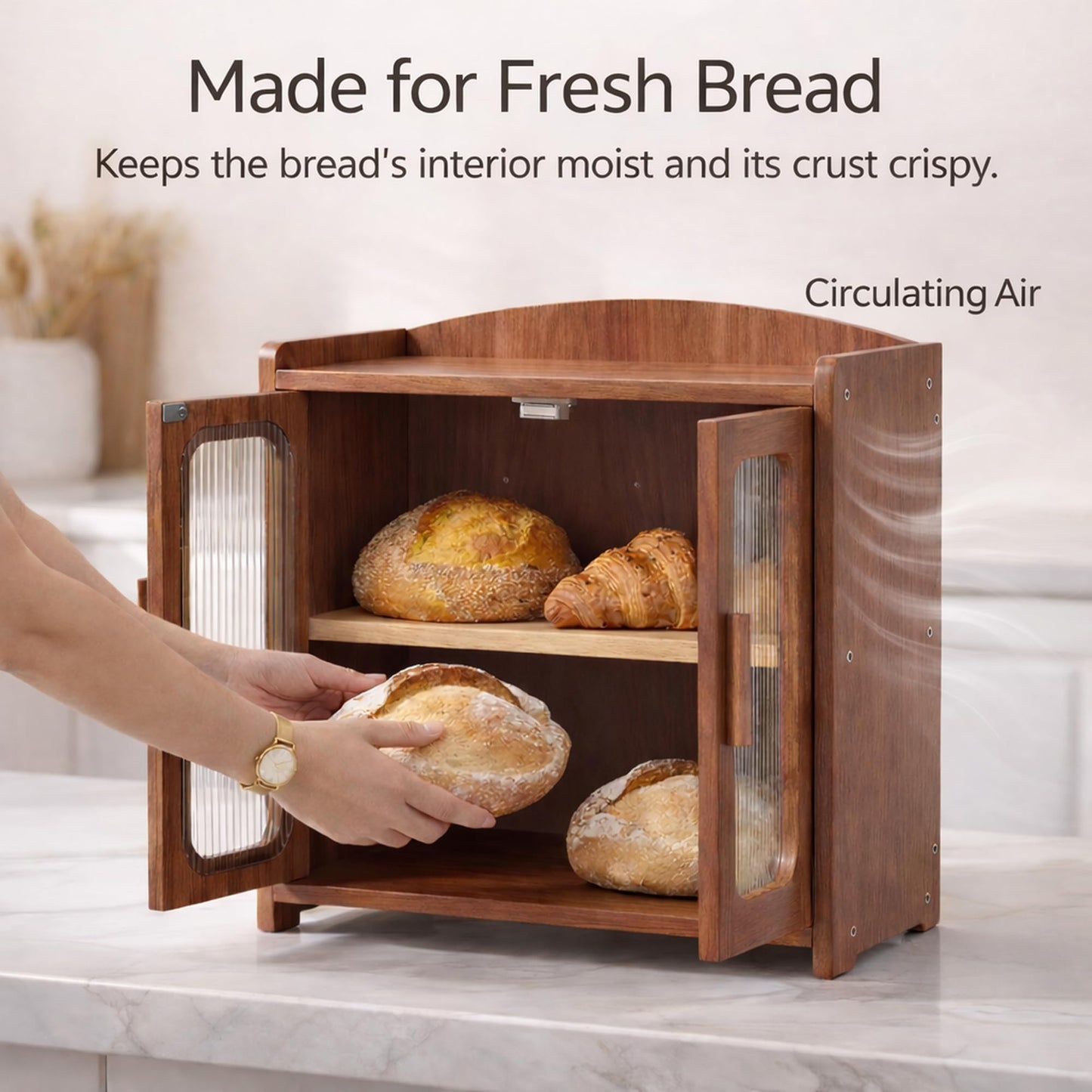 Florwish Premium Solid Wood Bread Box for Kitchen Countertop, Large Capacity 2 Tier Wooden Bread Box for Homemade Bread, Sourdough Bread and Bagels, Modern Chestnut Brown