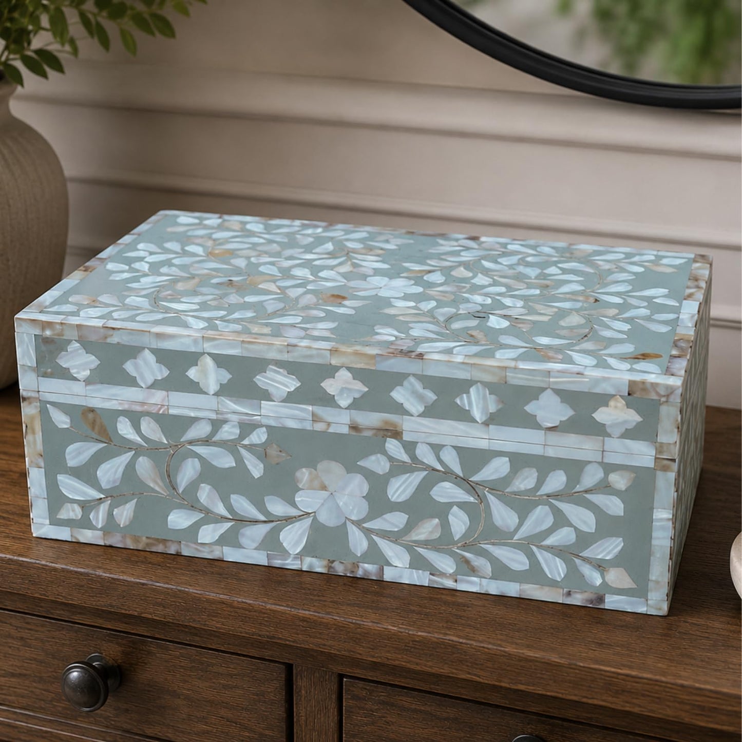 HANDMADE ENTARO Decorative Wooden Storage Box with Mother of Pearl Inlay – Elegant Floral Design – Perfect for Home Décor in Living Room, Dining Area, or Bedroom (Grey, 9x6x3.5 inch)