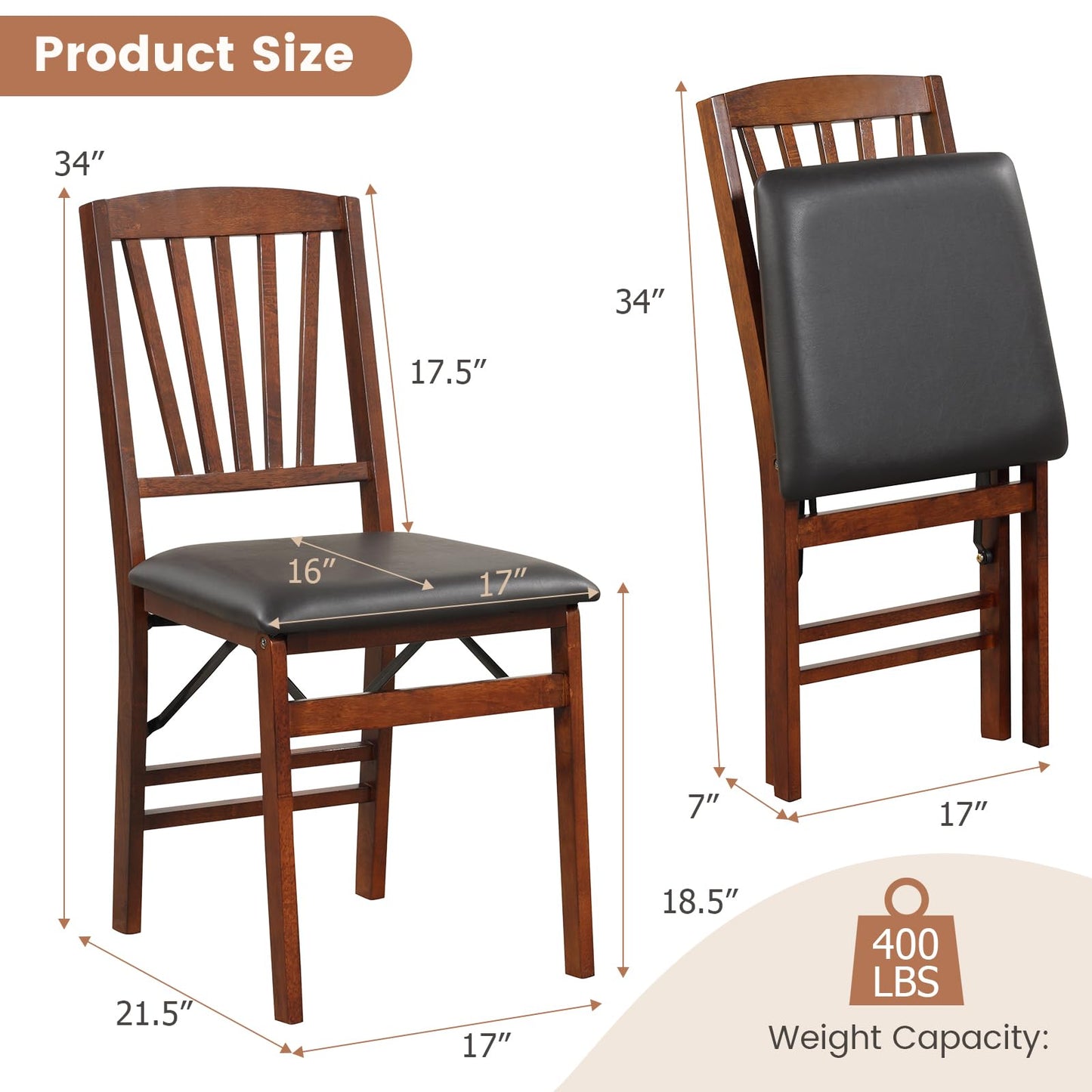COSTWAY Folding Dining Chairs Set of 2, Upholstered Wooden Dining Room Chairs with PVC Padded Seat, Solid Wood Frame and 400LBS Capacity for Kitchen Apartment (Black & Brown)