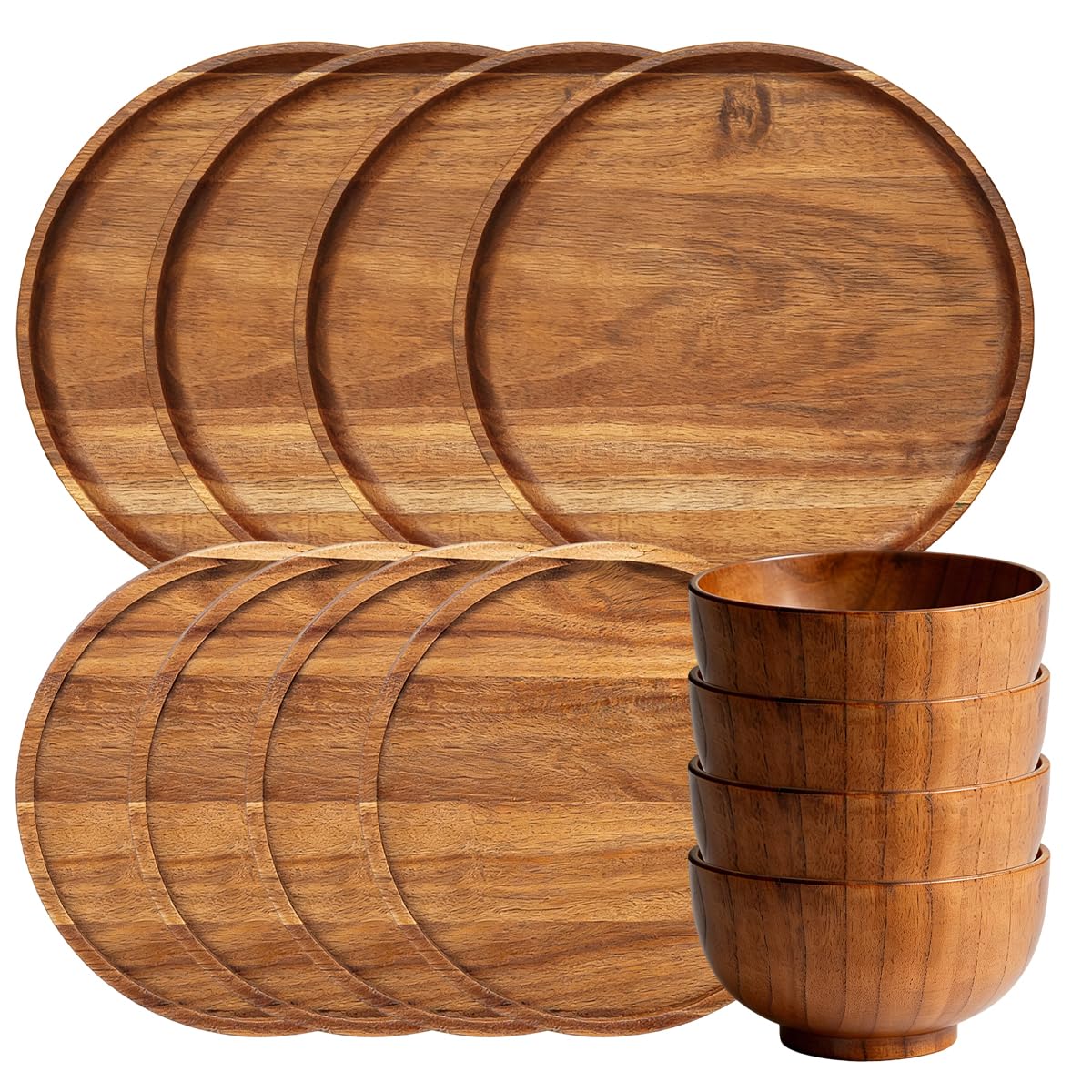 12 Pcs Wood Dinnerware Set,8 Inch 10 Inch Round Wooden Plates and wooden bowl,4 Person Set of Wooden Dinner Ware Set for Main Meals,Snacks and Desserts