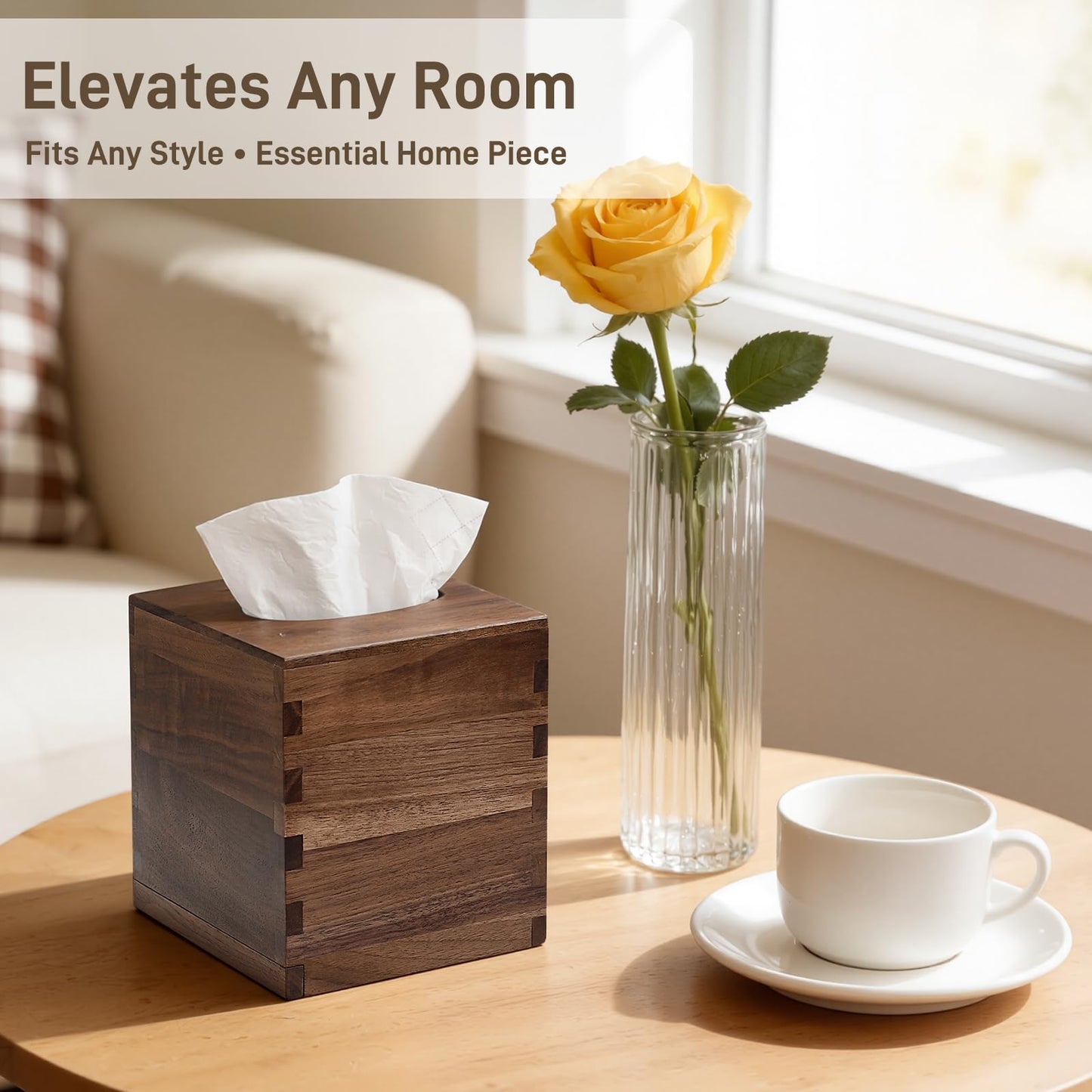 Solid Black Walnut Tissue Box Cover Square – Handcrafted Wood Tissue Holder with Mortise & Tenon Joinery, Fits Standard Cube Tissue Boxes